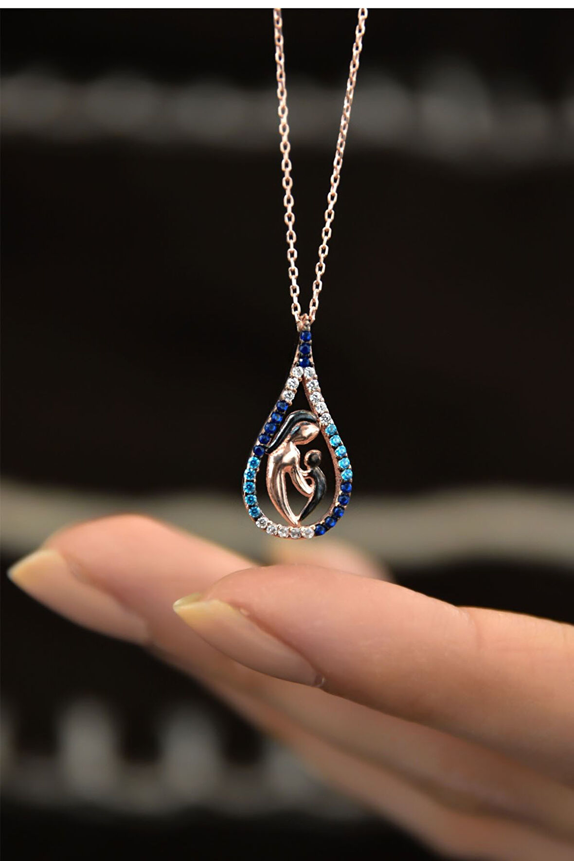 925 Ayar Gümüş Renkli Taşlı Anne Çocuk Damla Kadın Kolye