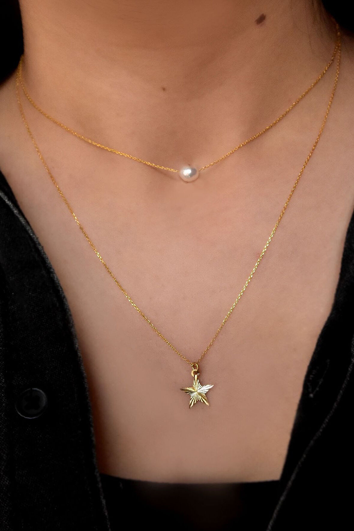 925 Ayar Gümüş Altın Kaplama Kristal Kesim Inci Ve Yıldız Asansörlü Kolye