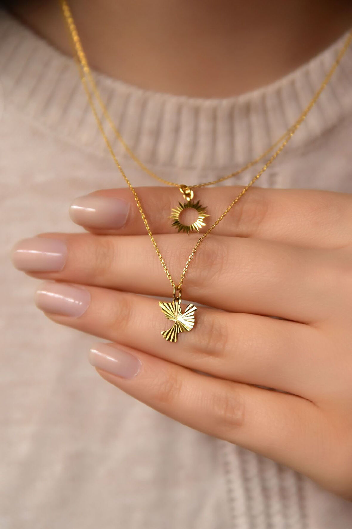 925 Ayar Gümüş Altın Kaplama Kristal Kesim Güneş Ve Kuş Asansörlü Kolye