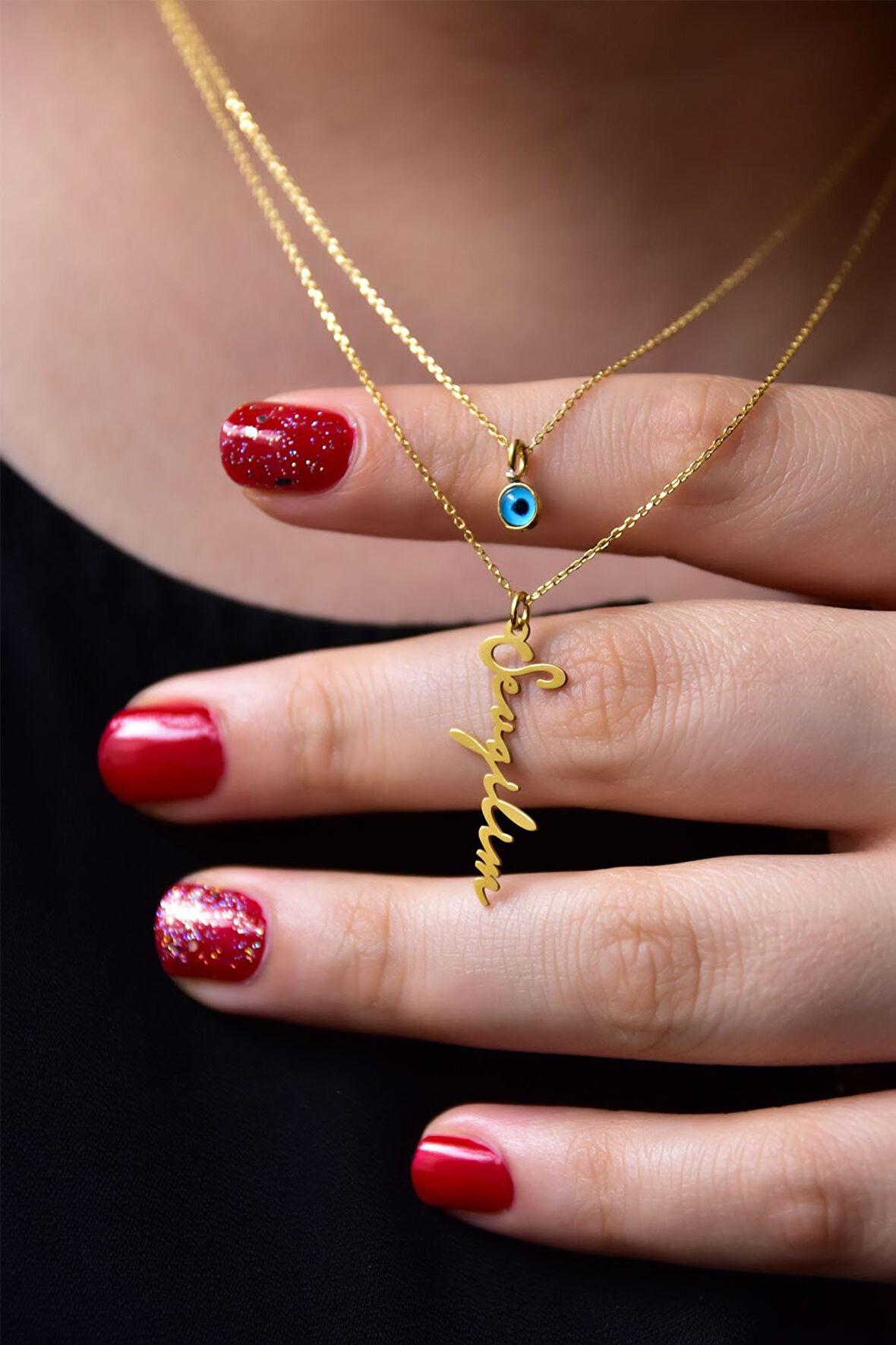 925 Ayar Gümüş Altın Kaplama Cam Göz Ve Sevgilim Yazılı Asansörlü Kolye