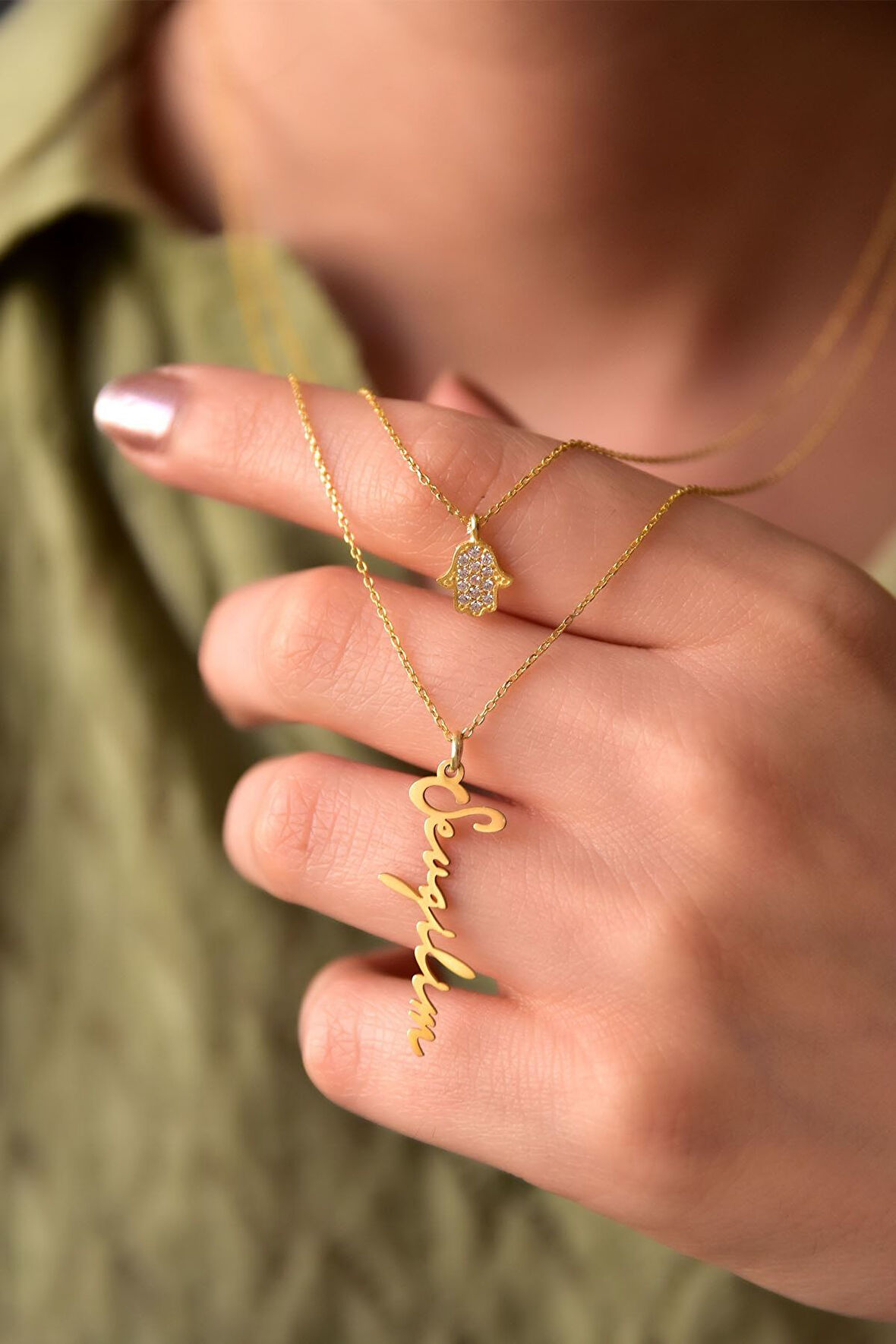 925 Ayar Gümüş Altın Kaplama Fatma Eli Ve Sevgilim Yazılı Asansörlü Kolye