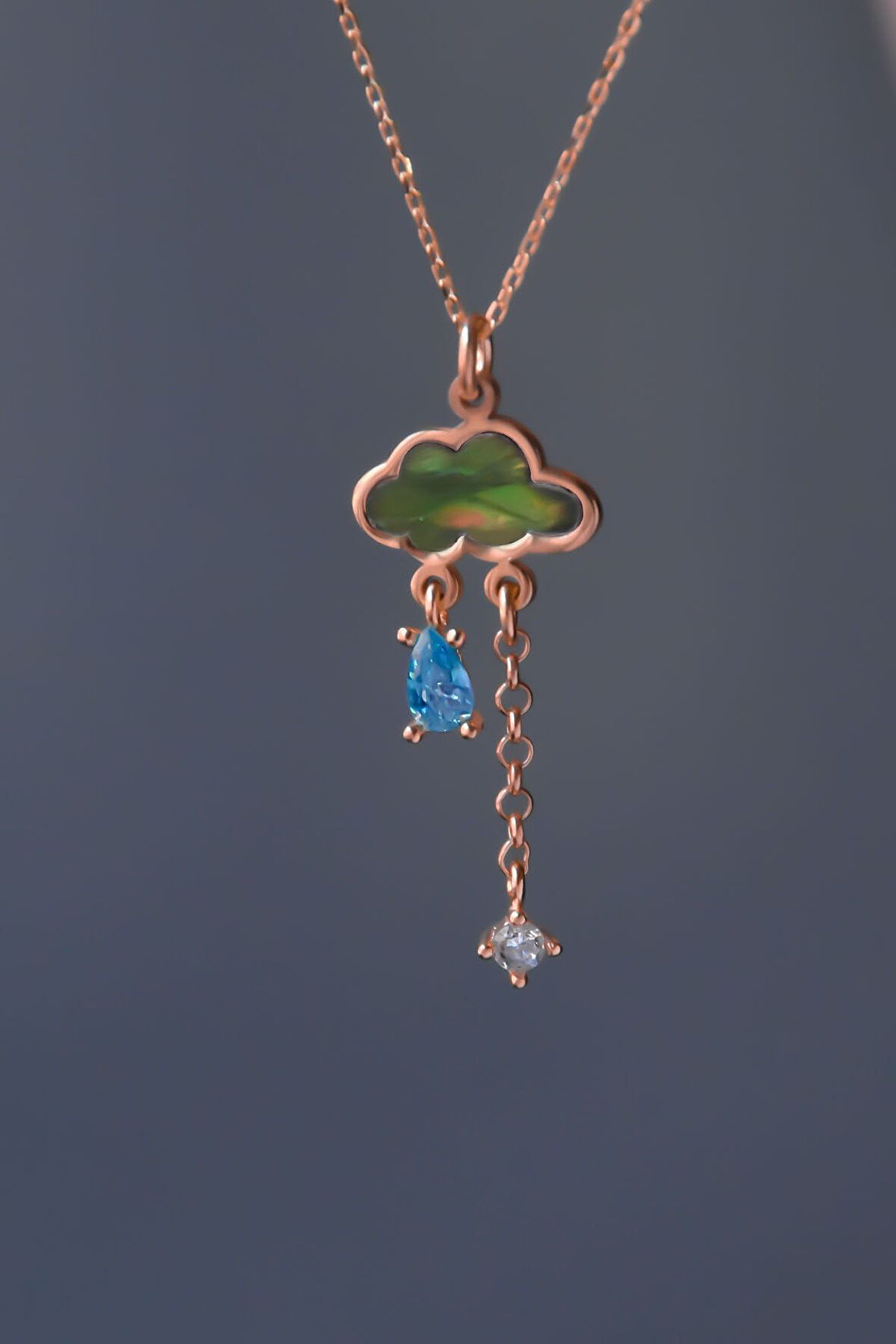 925 Ayar Gümüş Rose Kaplama Yeşil Sedef Taşlı Yağmur Bulut Kolye