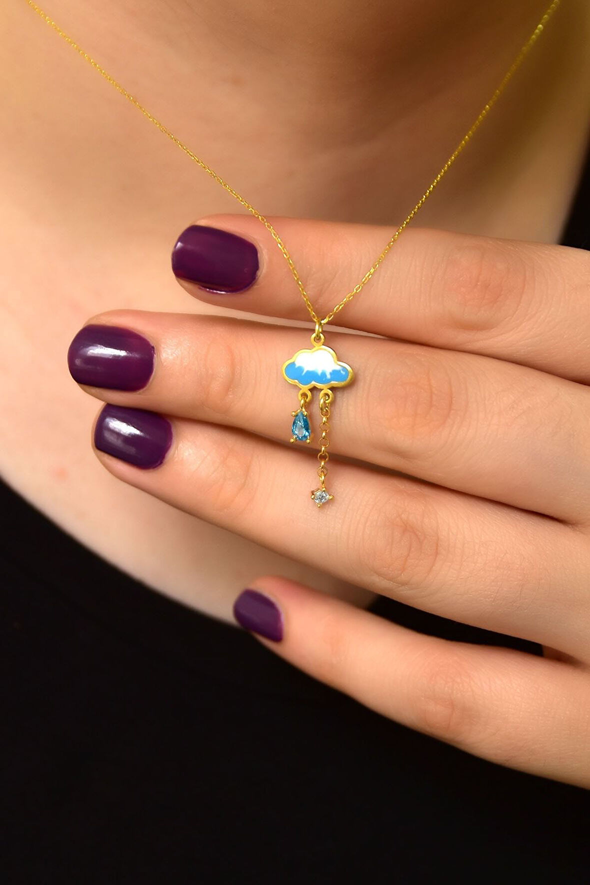 925 Ayar Gümüş Altın Kaplama Beyaz Mavi Akışlı Mineli Yağmur Bulut Kolye