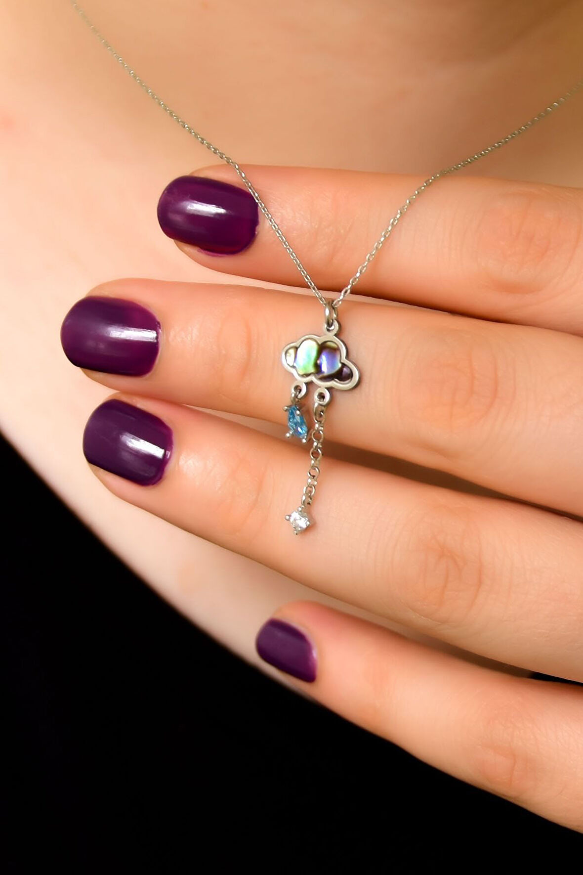 925 Ayar Gümüş Rodyum Kaplama Karışık Desenli Sedef Yağmur Bulut Kolye