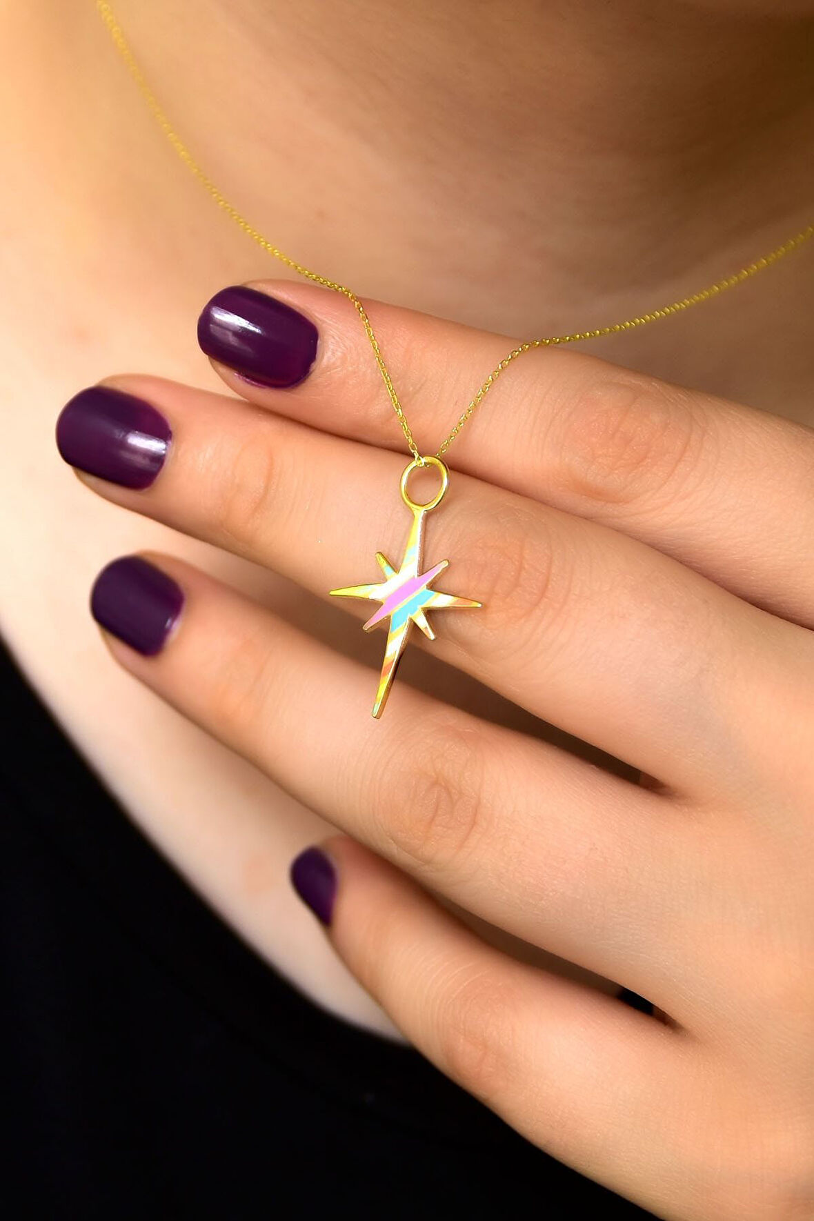 925 Ayar Gümüş Altın Kaplama Mineli Kutup Yıldızı Kolye