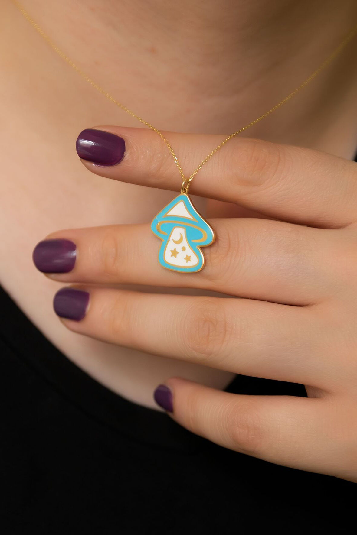 925 Ayar Gümüş Altın Kaplama Mineli Mantar Kadın Kolye