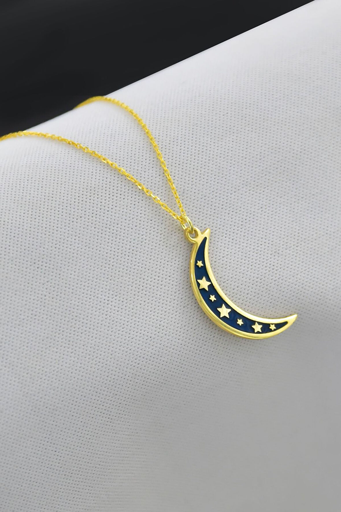 925 Ayar Gümüş Altın Kaplama Mavi Mineli Yıldızlı Hilal Kolye