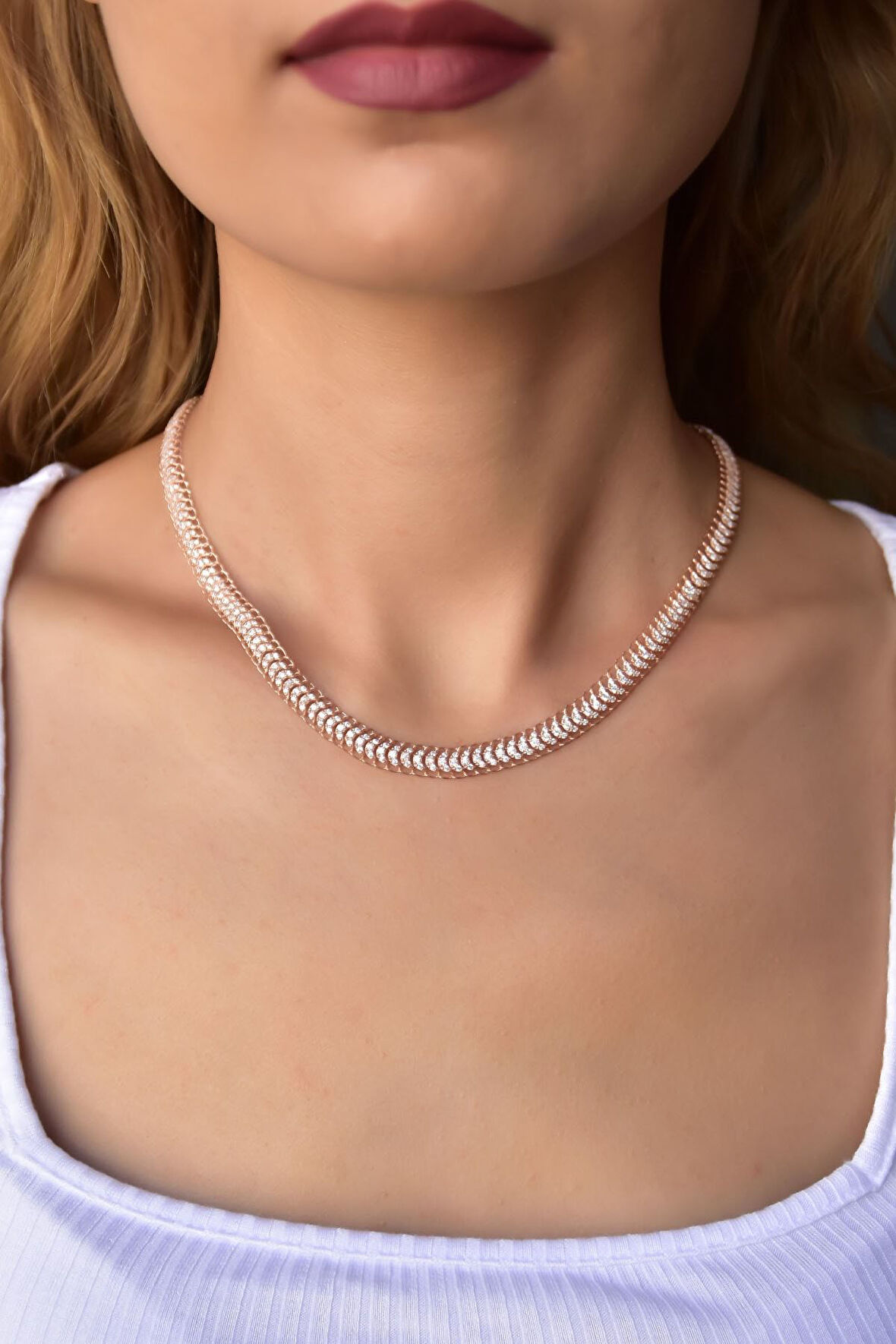 925 Ayar Gümüş Rose Kaplama Taşlı Tasarım Kolye