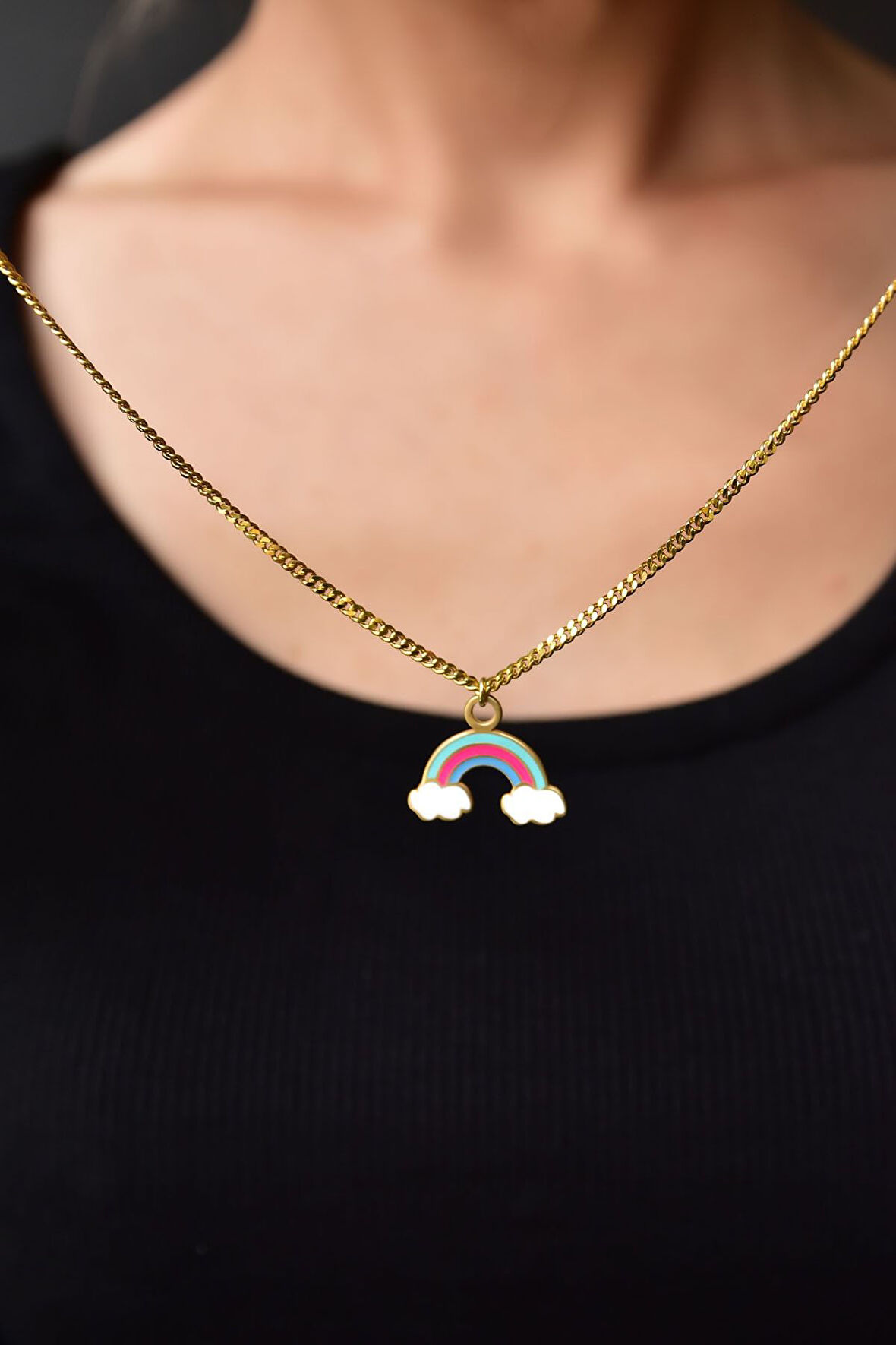 925 Ayar Gümüş Altın Kaplama Renkli Mineli Gökkuşağı Bulut Kolye