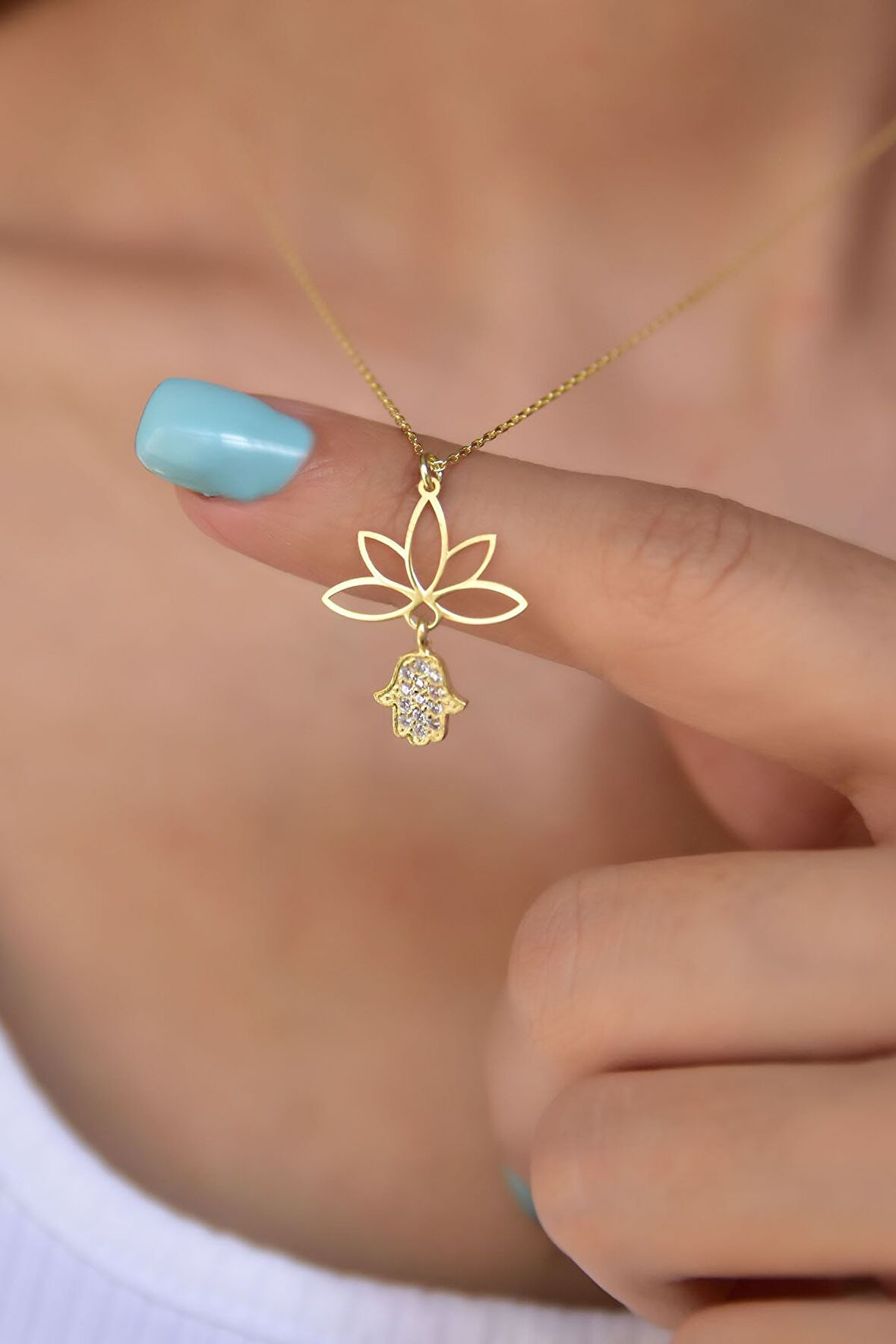 Gümüş Altın Kaplama Fatma Ana Eli Lotus Çiçeği Kolye 925 Ayar