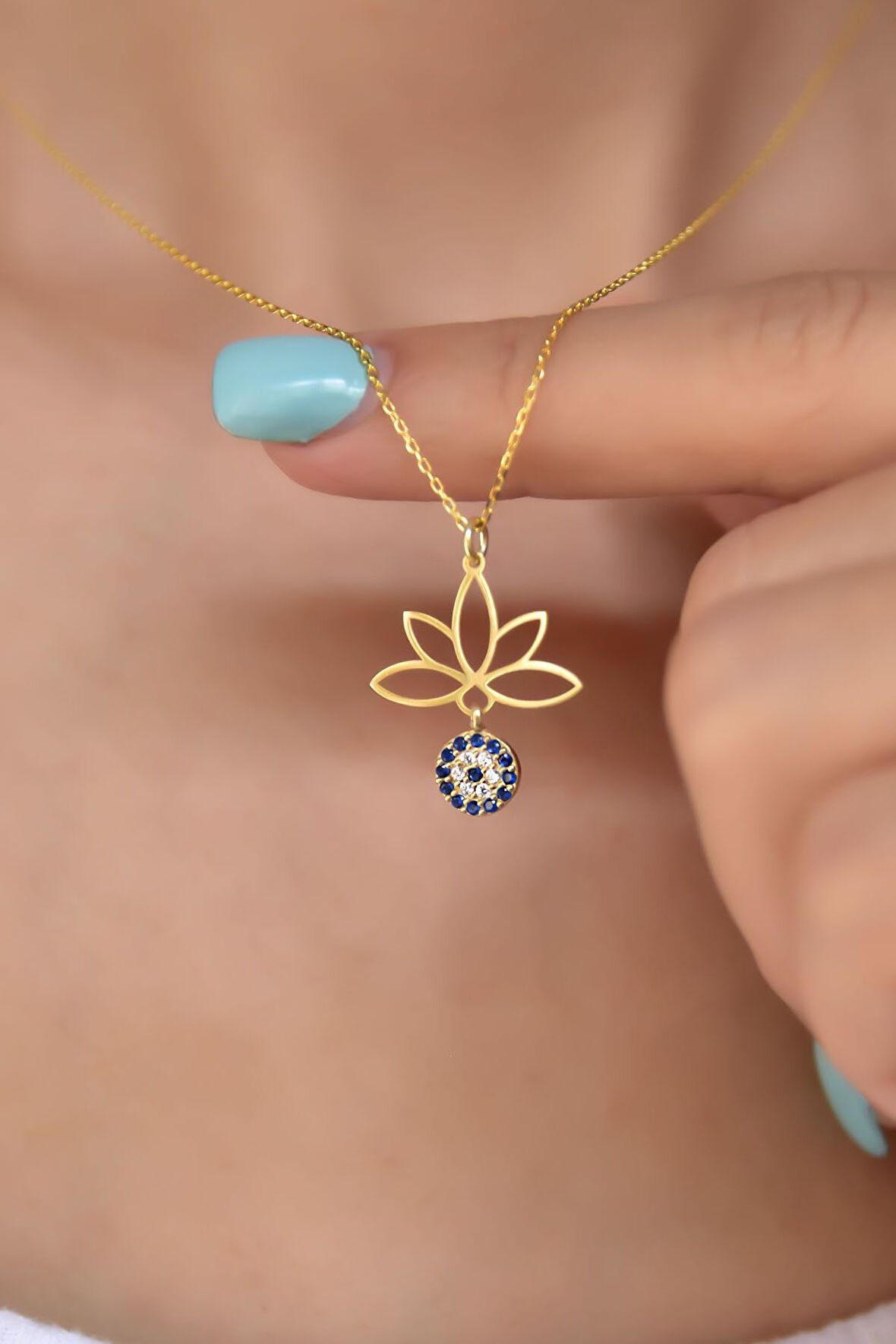 Gümüş Altın Kaplama Taşlı Nazar Lotus Çiçeği Kolye 925 Ayar