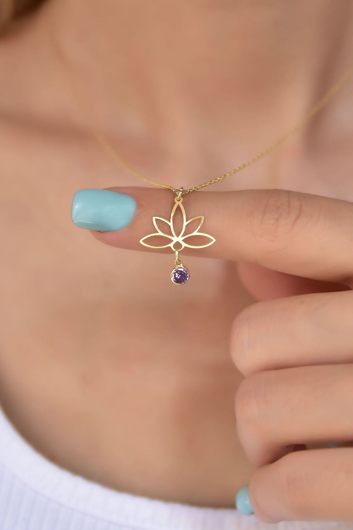 925 Ayar Gümüş Altın Kaplama Lotus Şubat Ayı Doğum Taşı Kolye