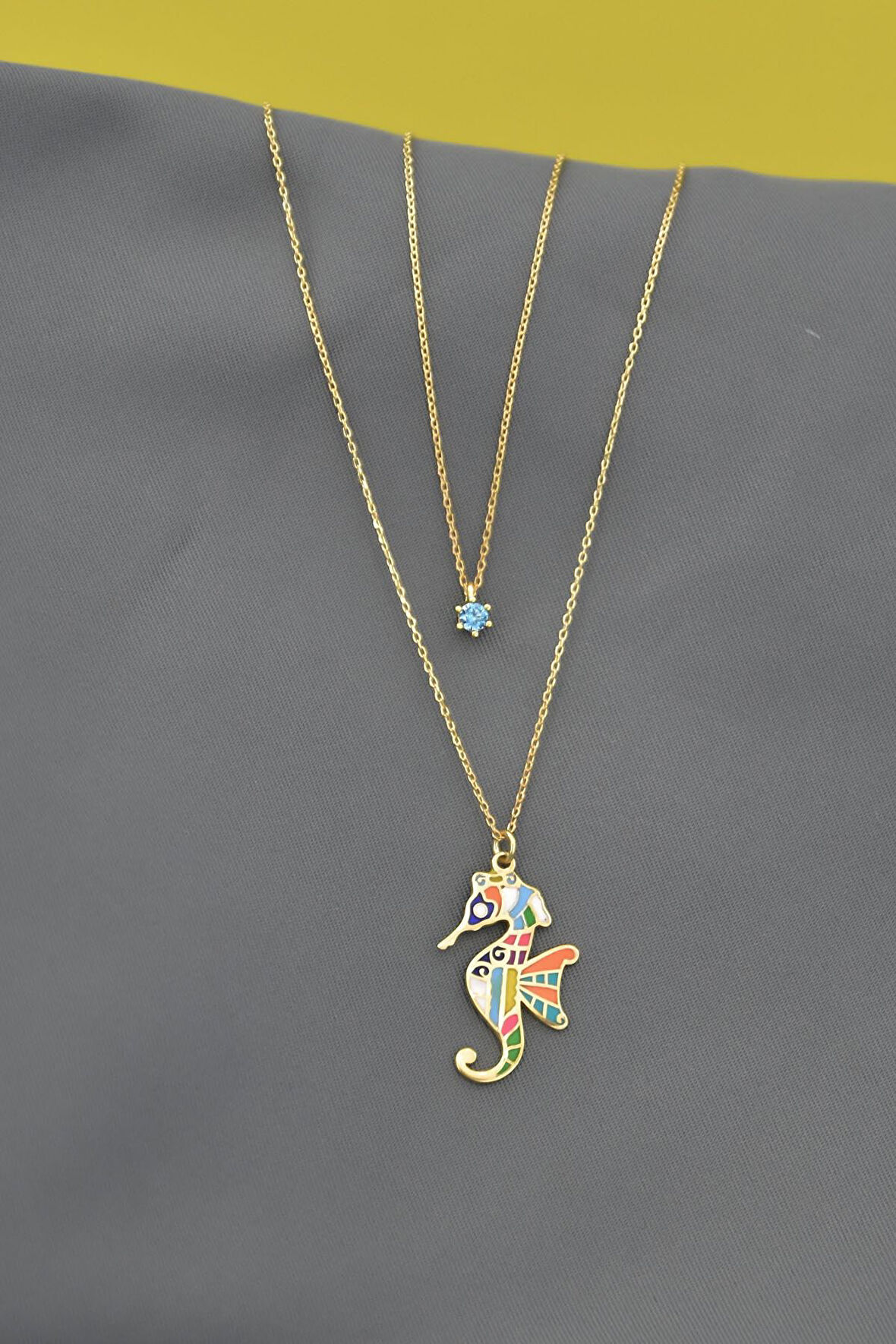 925 Gümüş Altın Kaplama Tektaş Denizatı Asansör Kolye