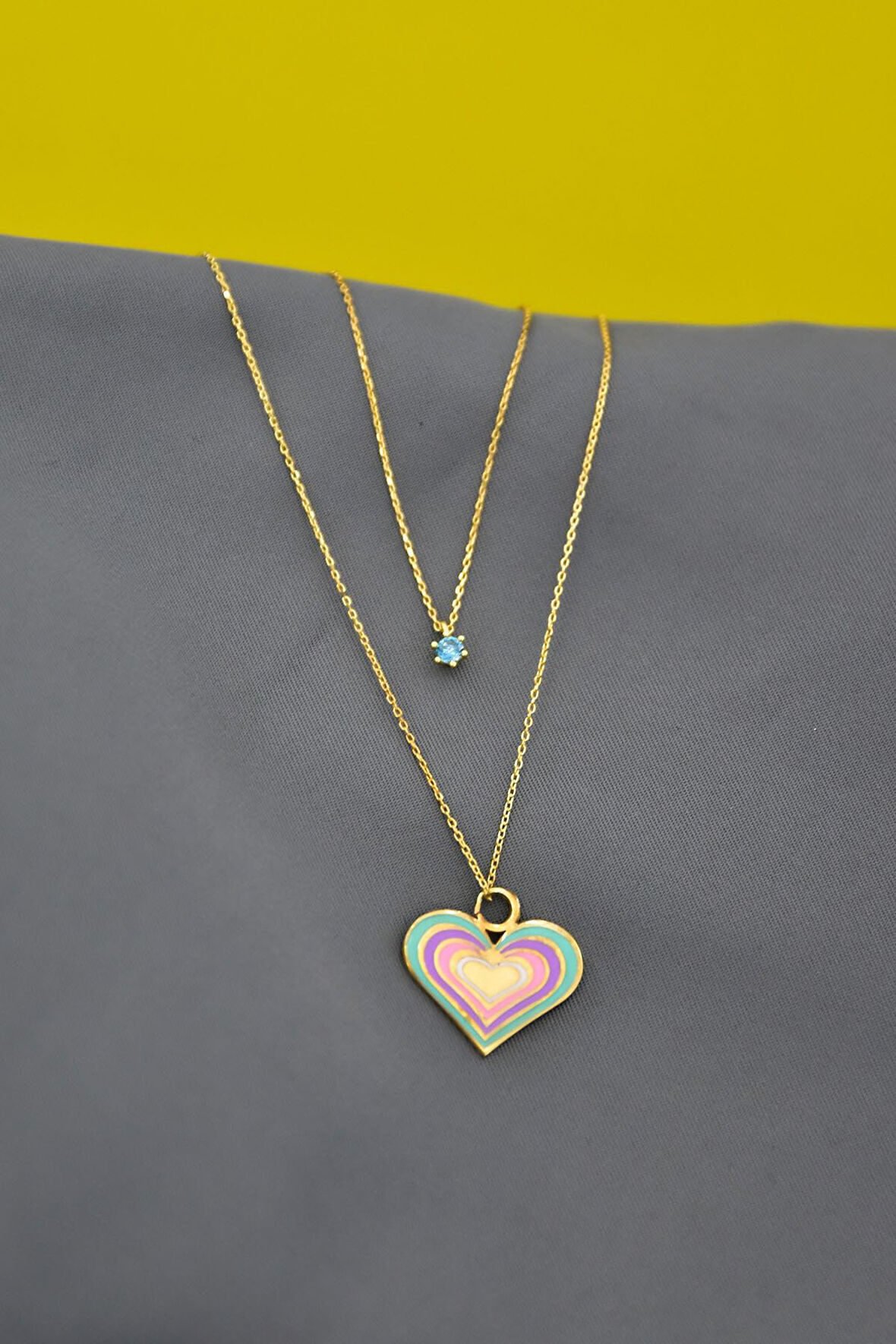 925 Gümüş Altın Kaplama Mineli Kalp Ve Tektaş Asansör Kolye