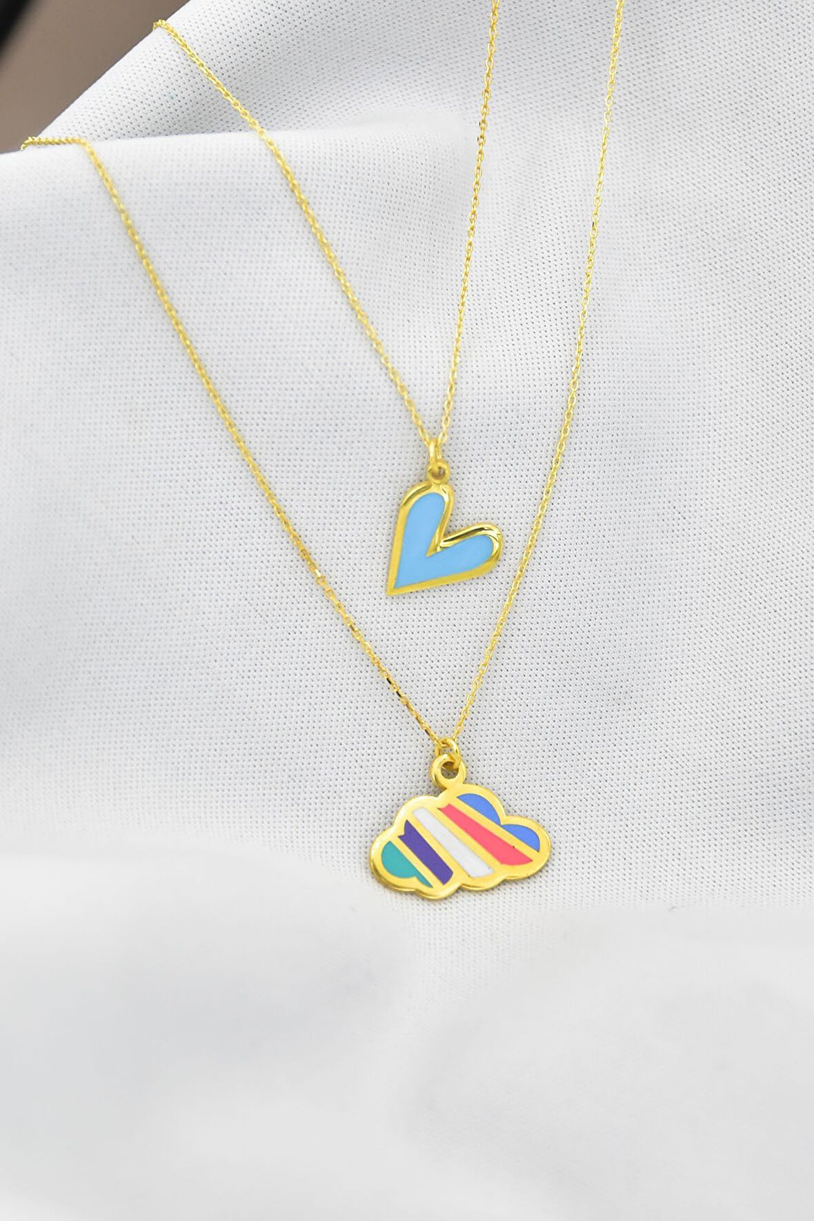 925 Gümüş Altın Kaplama Mineli Bulut Ve Kalp Asansör Kolye