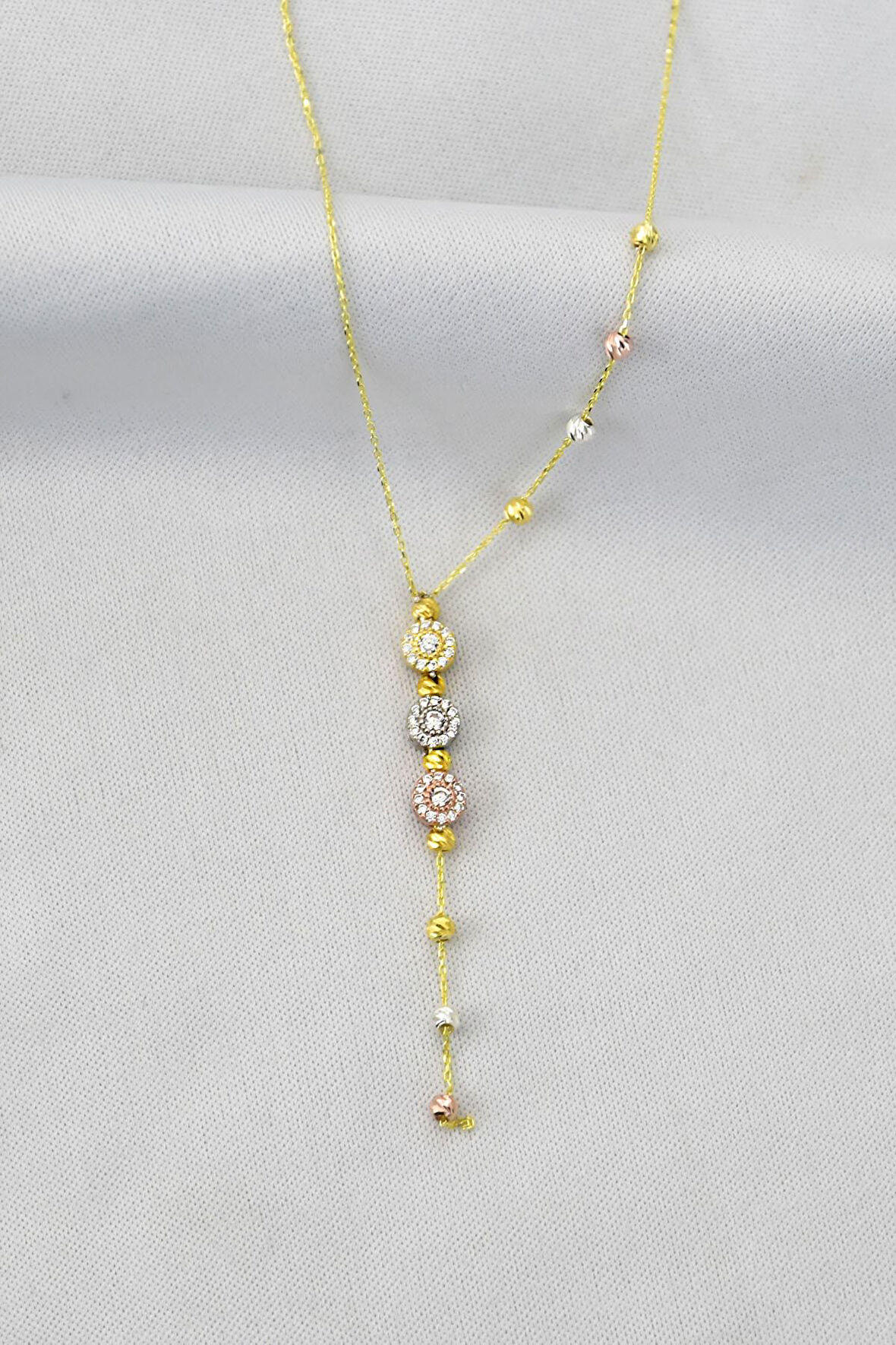 925 Ayar Gümüş Üç Renk Dorika Toplu Üç Sıra Tektaş Kadın Kolye