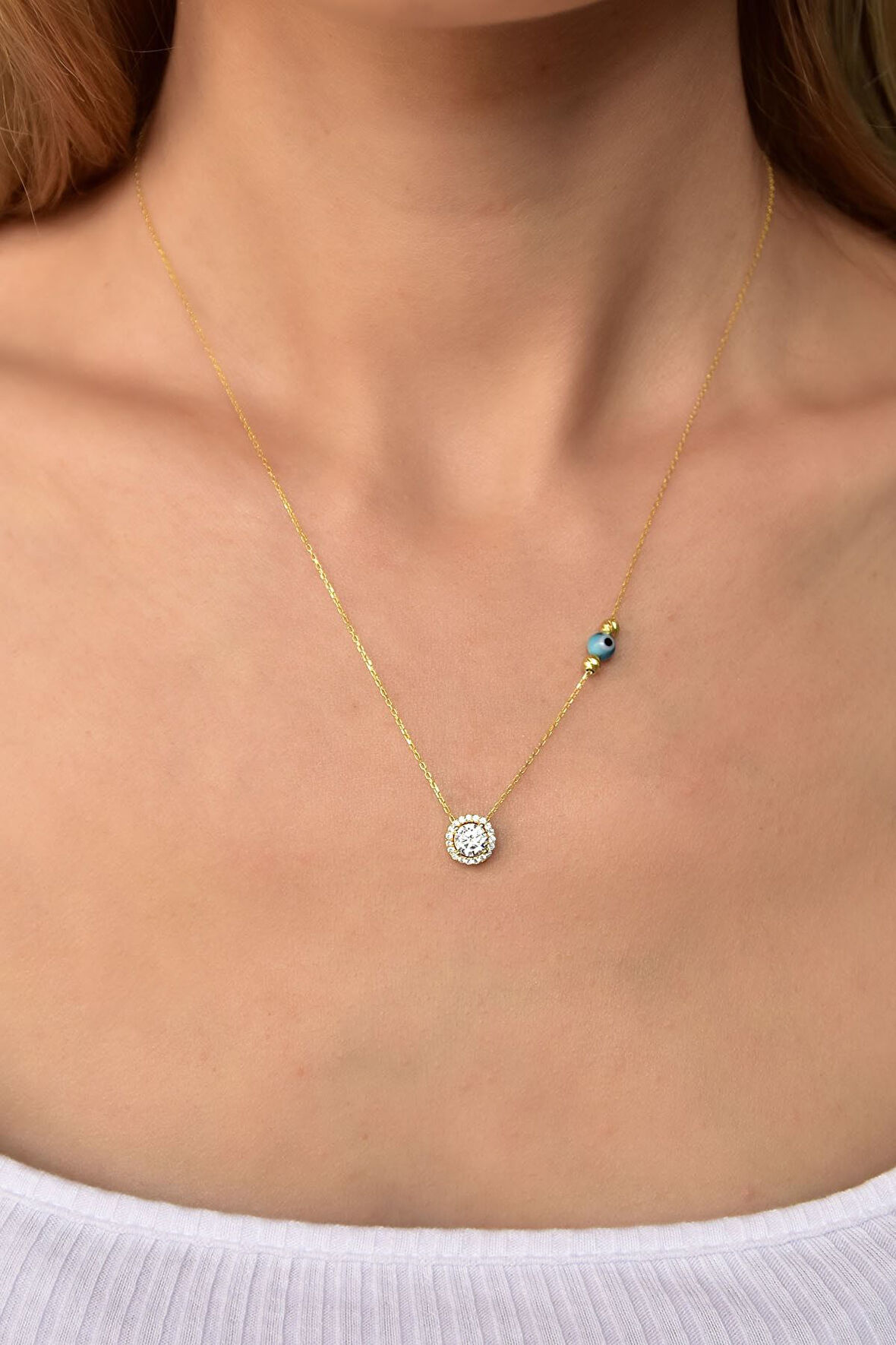 925 Ayar Gümüş Altın Kaplama Dorika Toplu Gözlü Tektaş Kolye