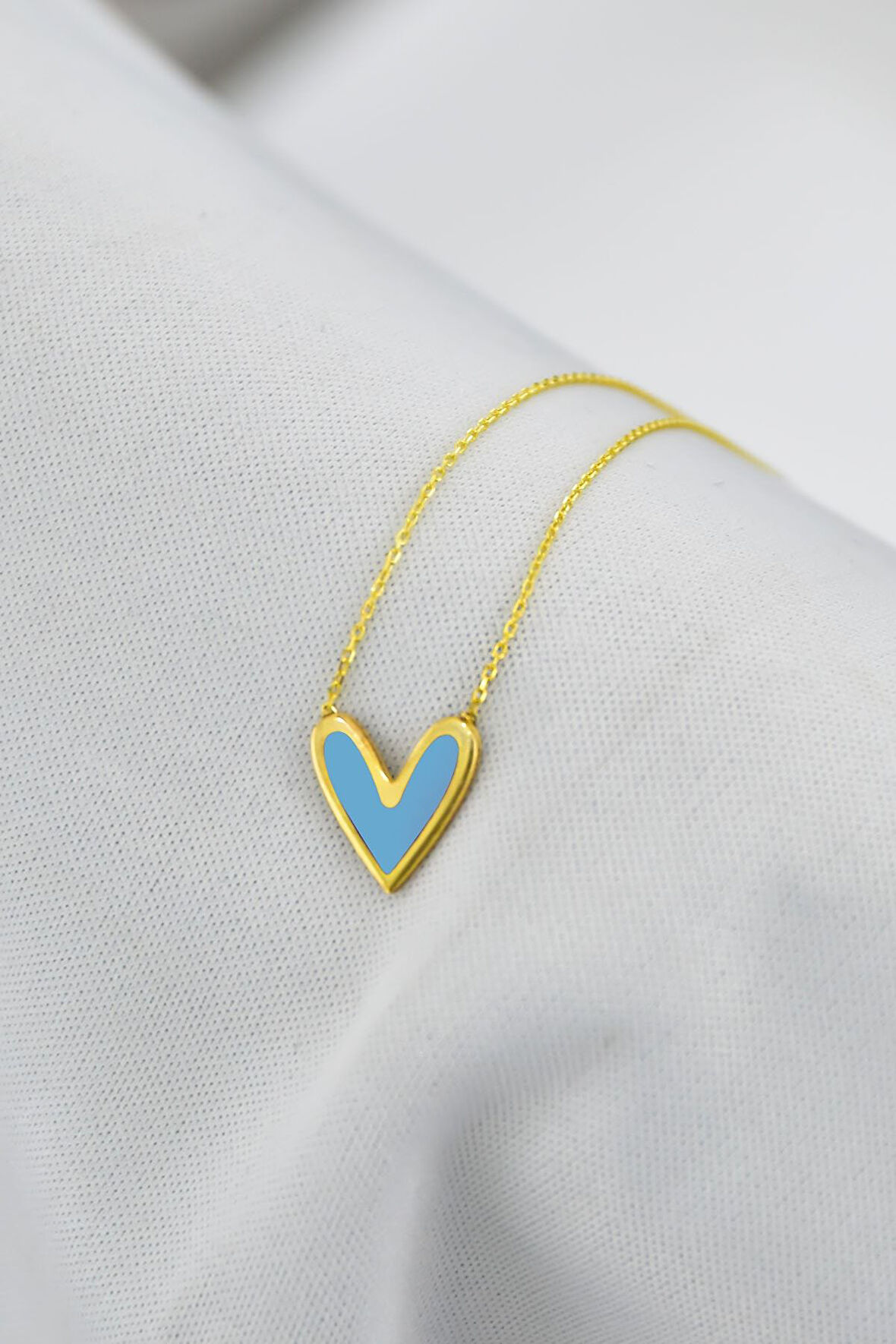 925 Ayar Gümüş Altın Kaplama Açık Mavi Oval Mineli Kalp Kolye