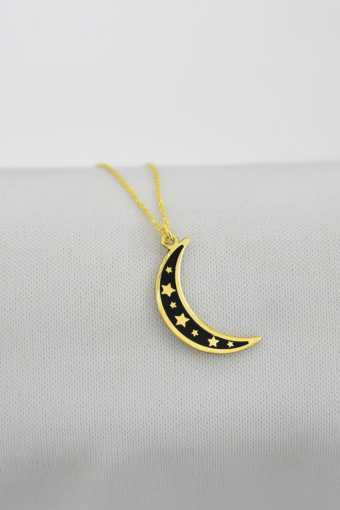 925 Ayar Gümüş Altın Kaplama Siyah Mineli Yıldızlı Ay Kolye
