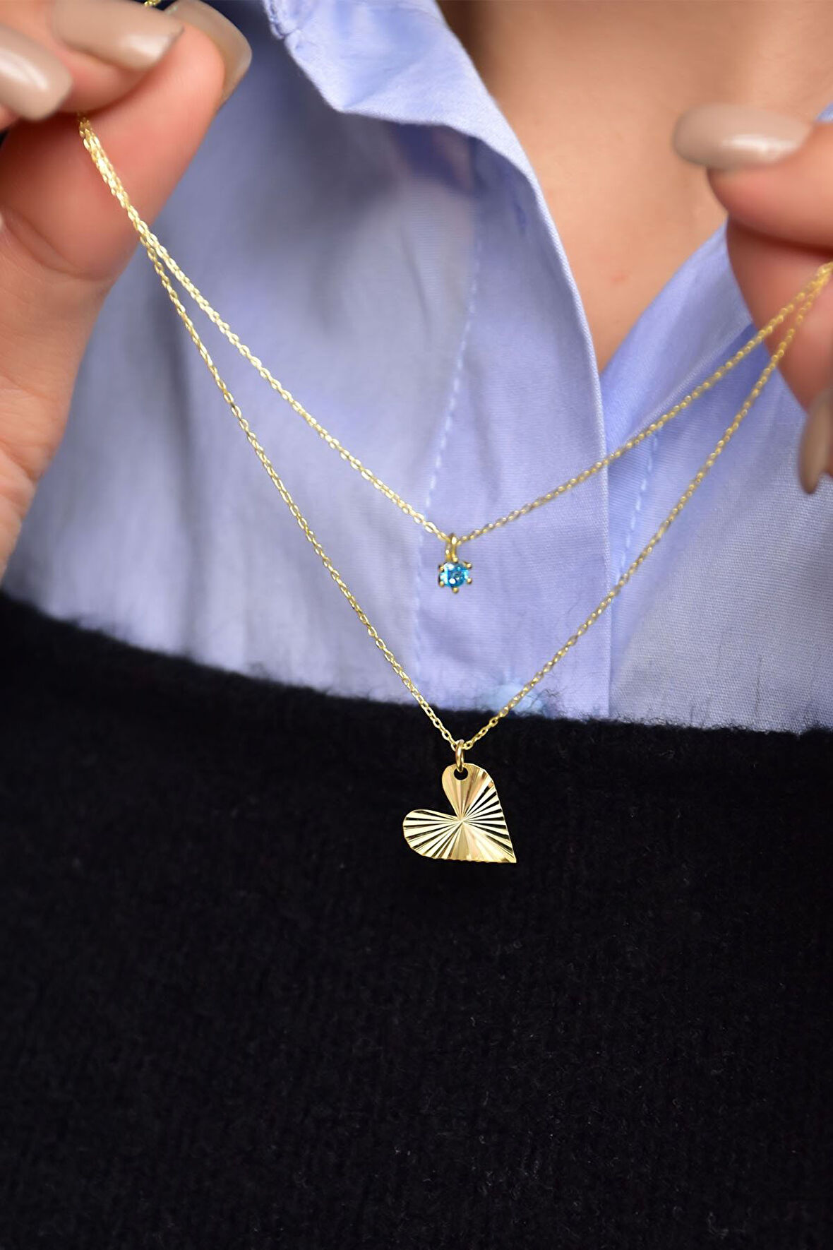 925 Ayar Gümüş Mavi Tektaş Kristal Kalp Asansör Kolye
