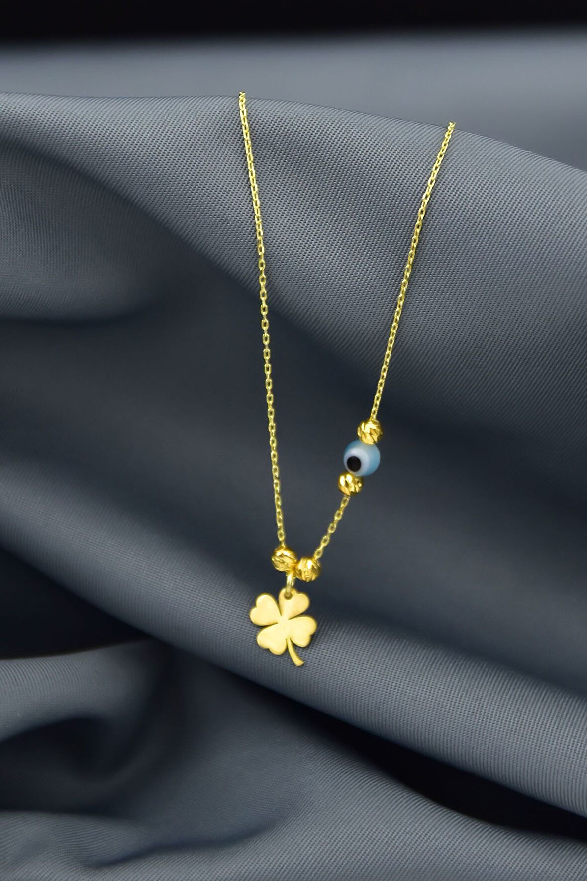 925 Ayar Gümüş Dorika Toplu Nazar Gözlü Yonca Kolye Altın Kaplama