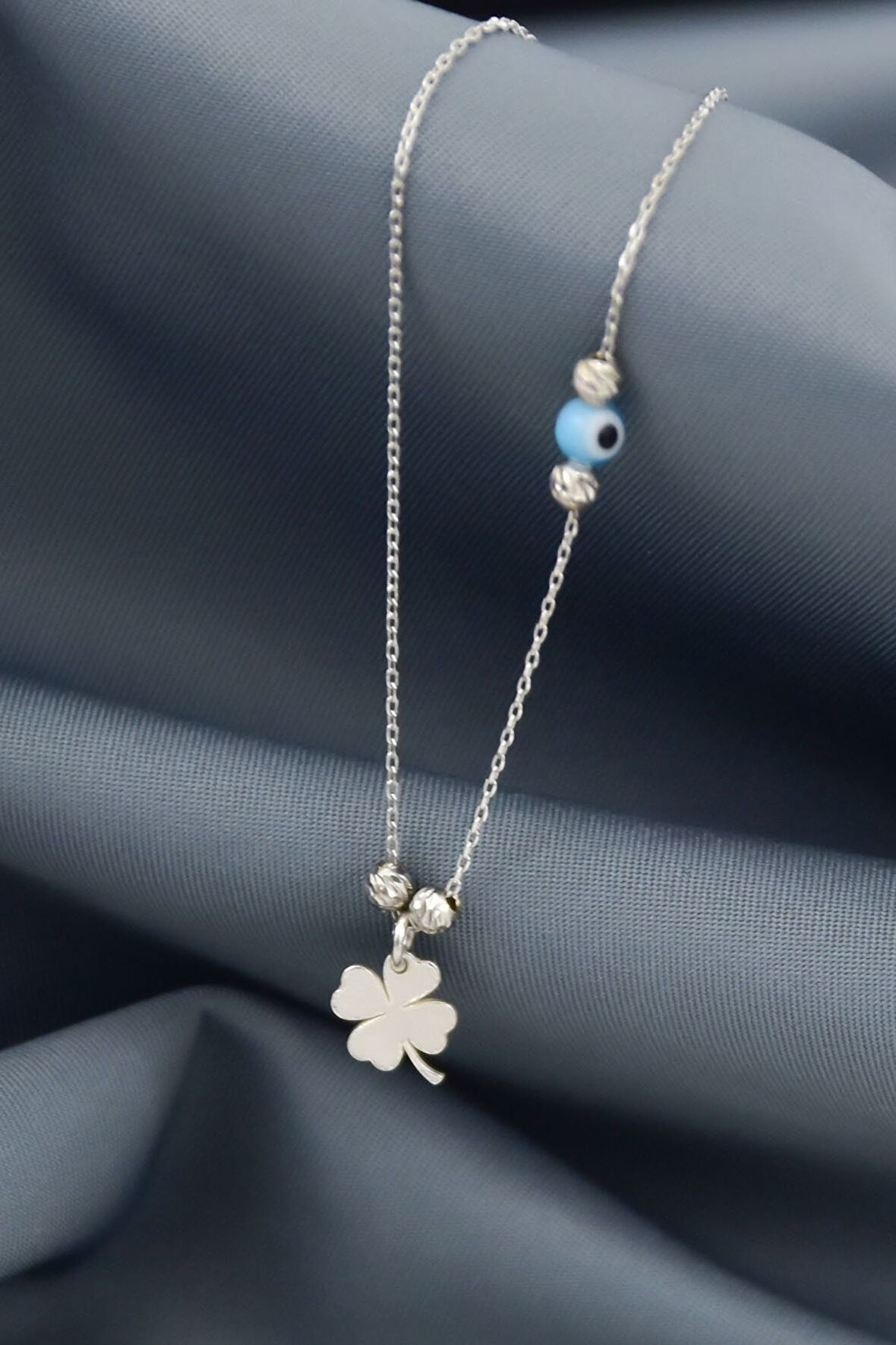 925 Ayar Gümüş Dorika Toplu Nazar Gözlü Yonca Kolye Rodyum Kaplama