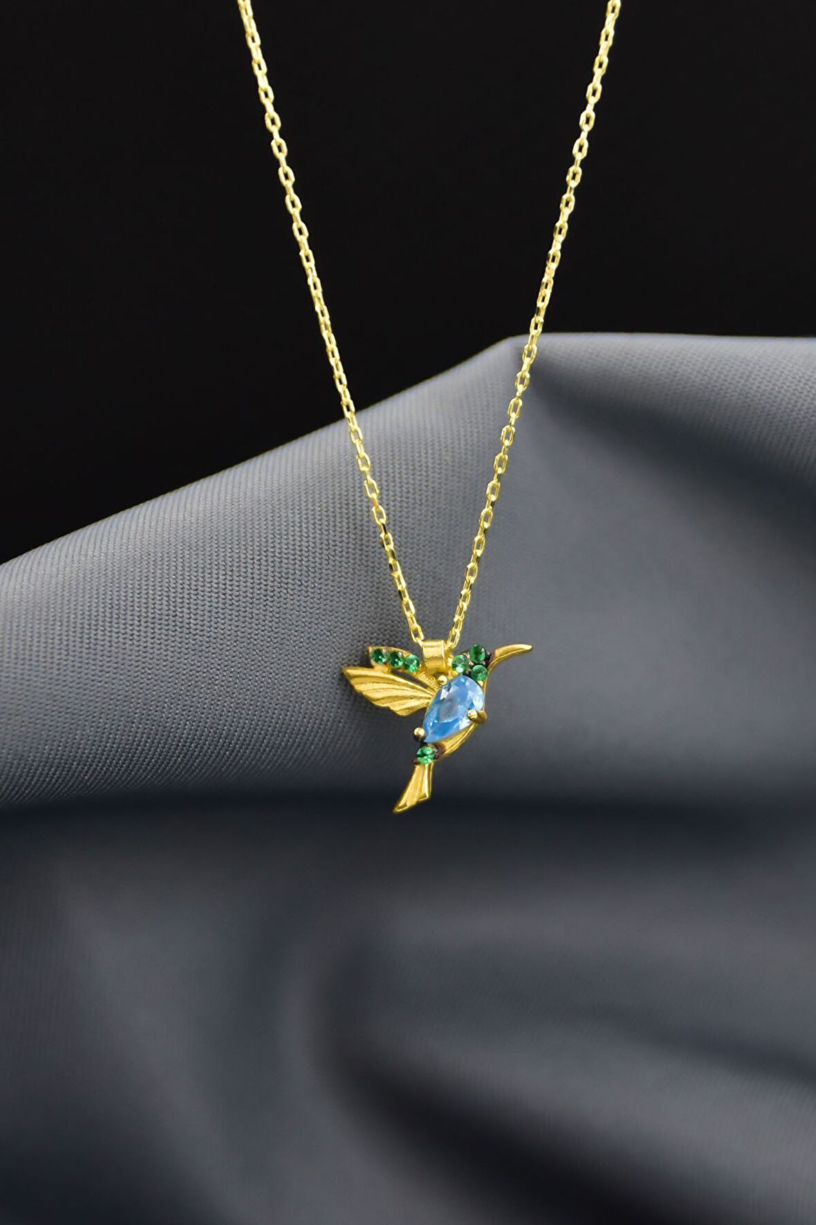 925 Ayar Gümüş Altın Kaplama Taşlı Kuş Kolye