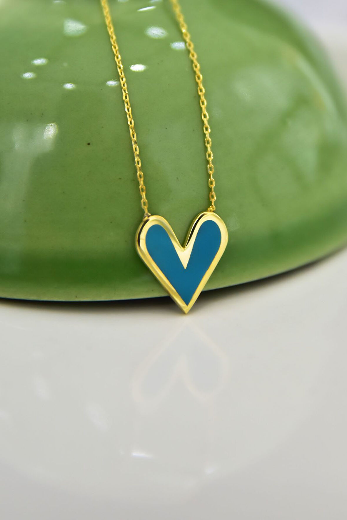 925 Ayar Gümüş Altın Kaplama Koyu Mavi Mineli Kalp Kolye