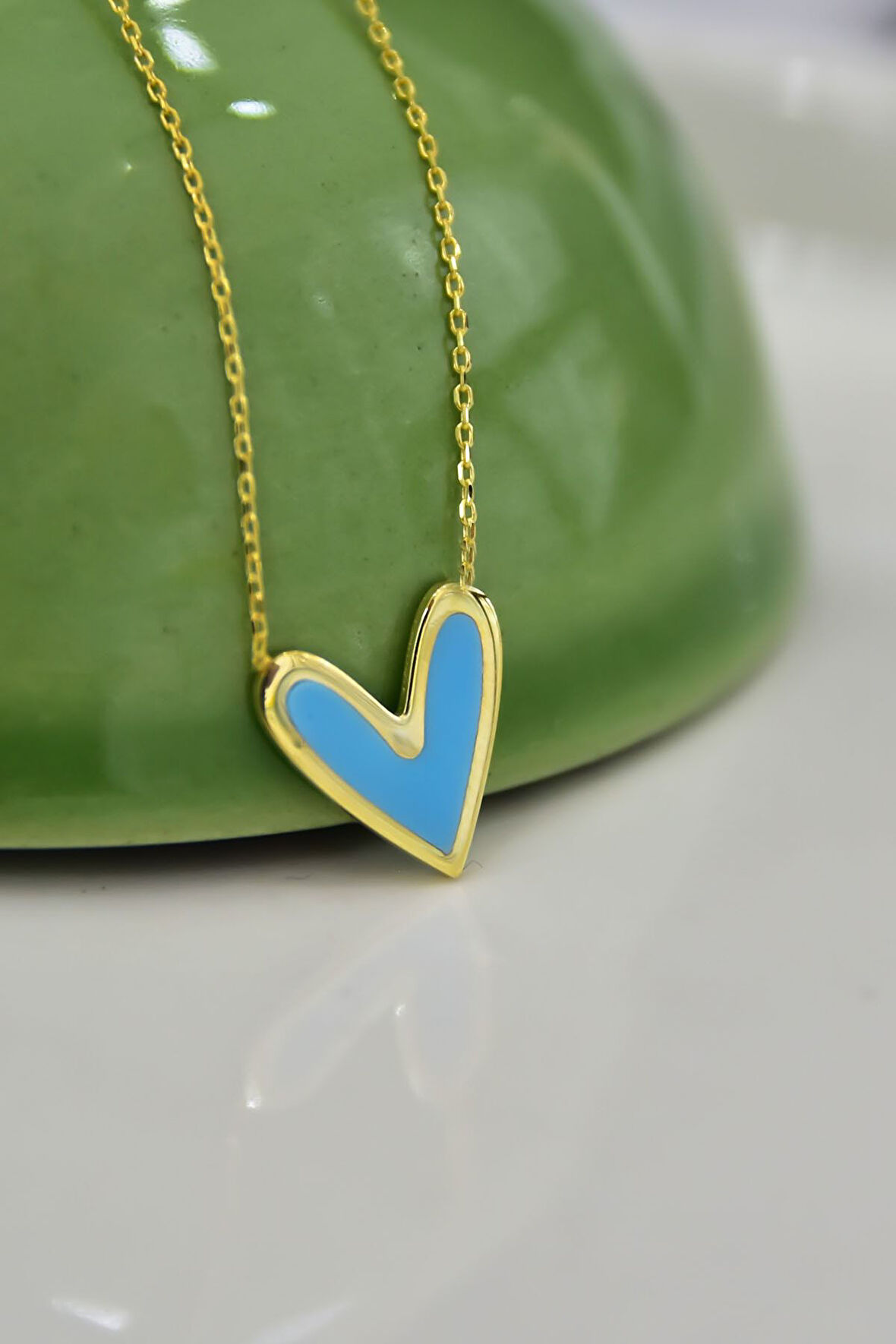925 Ayar Gümüş Altın Kaplama Mavi Mineli Kalp Kolye