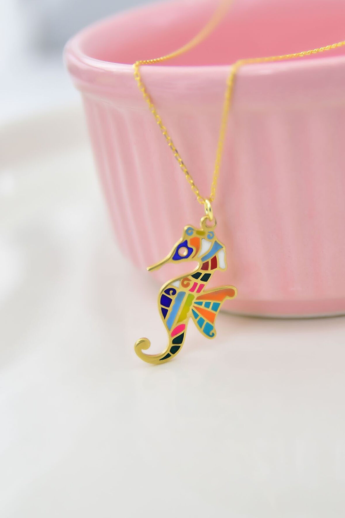 925 Ayar Gümüş Altın Kapla Renkli Mineli Denizatı Kolye