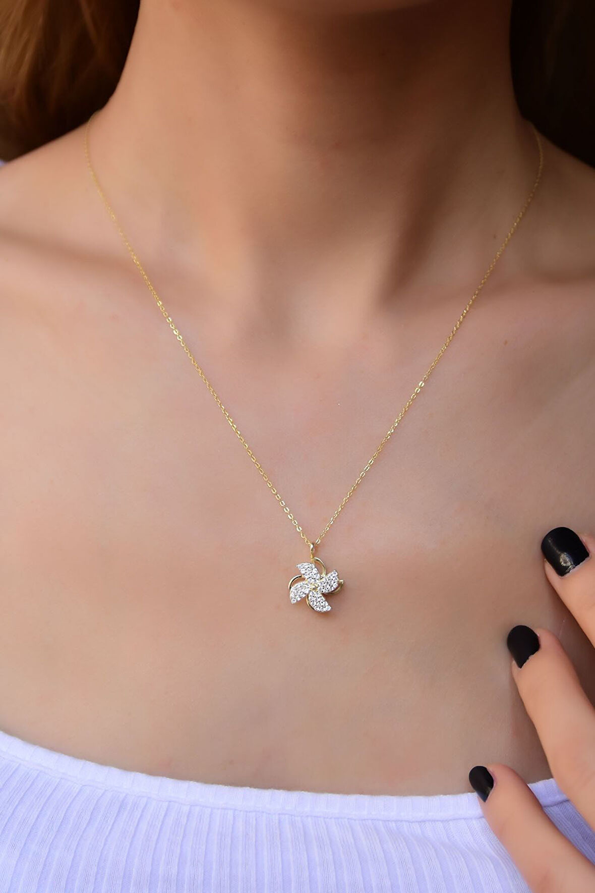 925 Ayar Gümüş Altın Kaplama Rüzgar Gülü Kolye