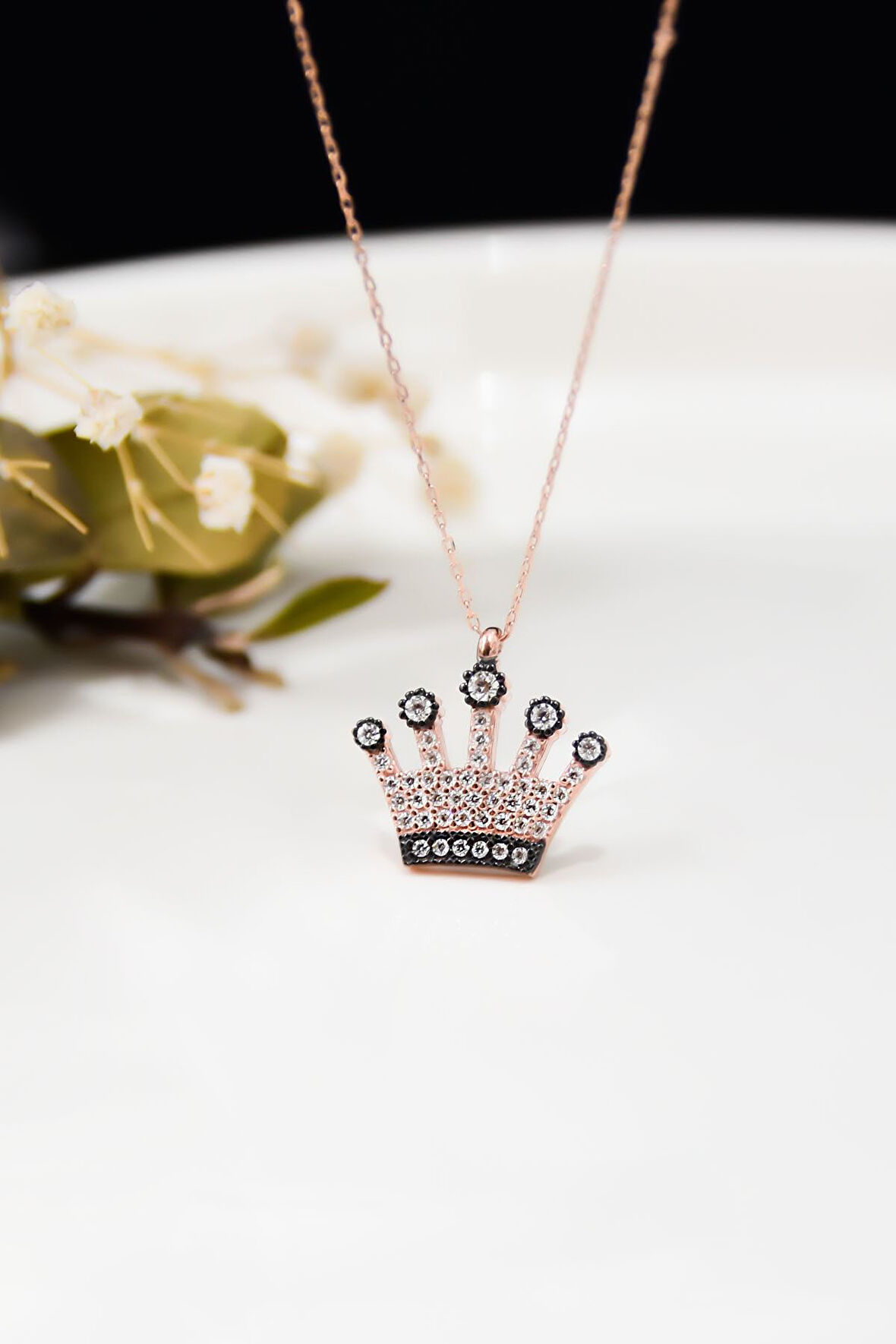 925 Ayar Gümüş Rose Kaplama Kraliçe Tacı Kolye