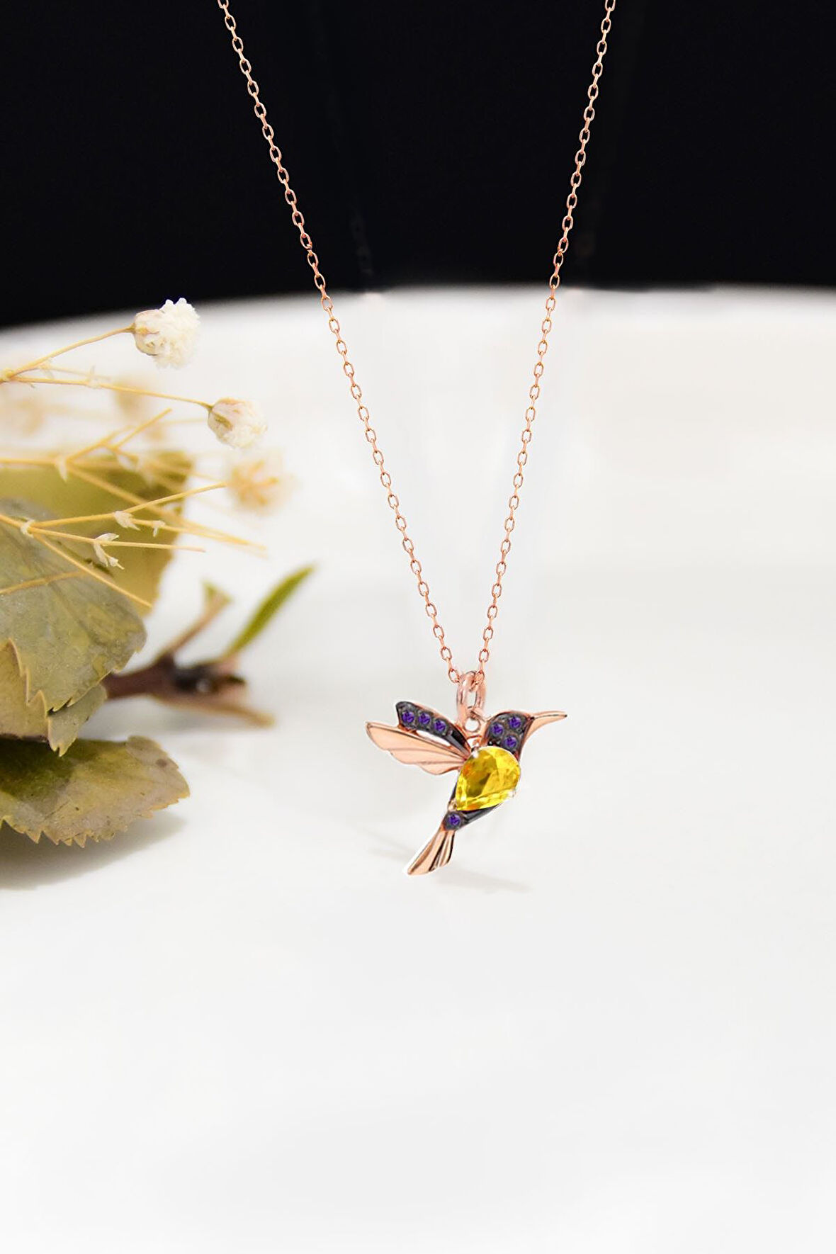 925 Ayar Gümüş Rose Kaplama Sarı Mor Taşlı Kuş Kolye