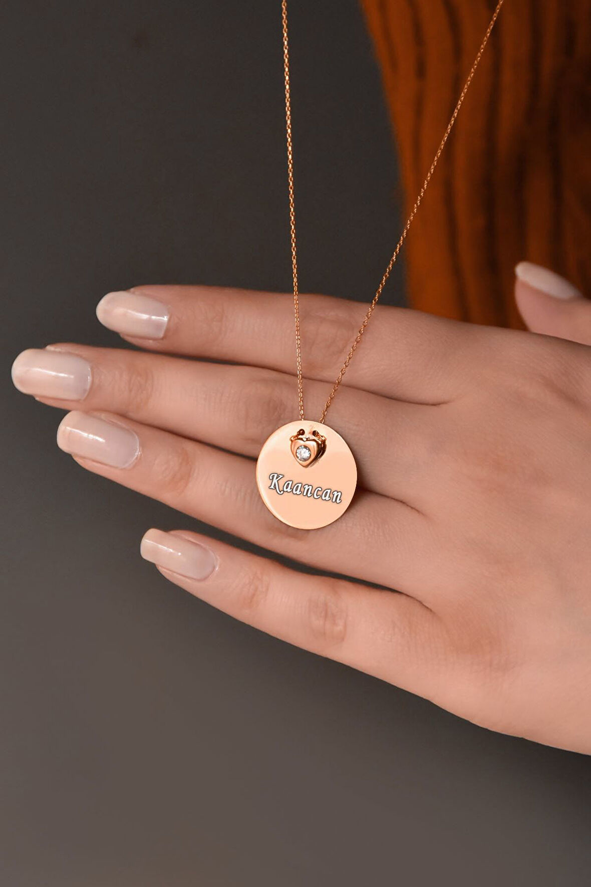 925 Ayar Gümüş Rose Kaplama Kalp Tektaş Plaka Kolye