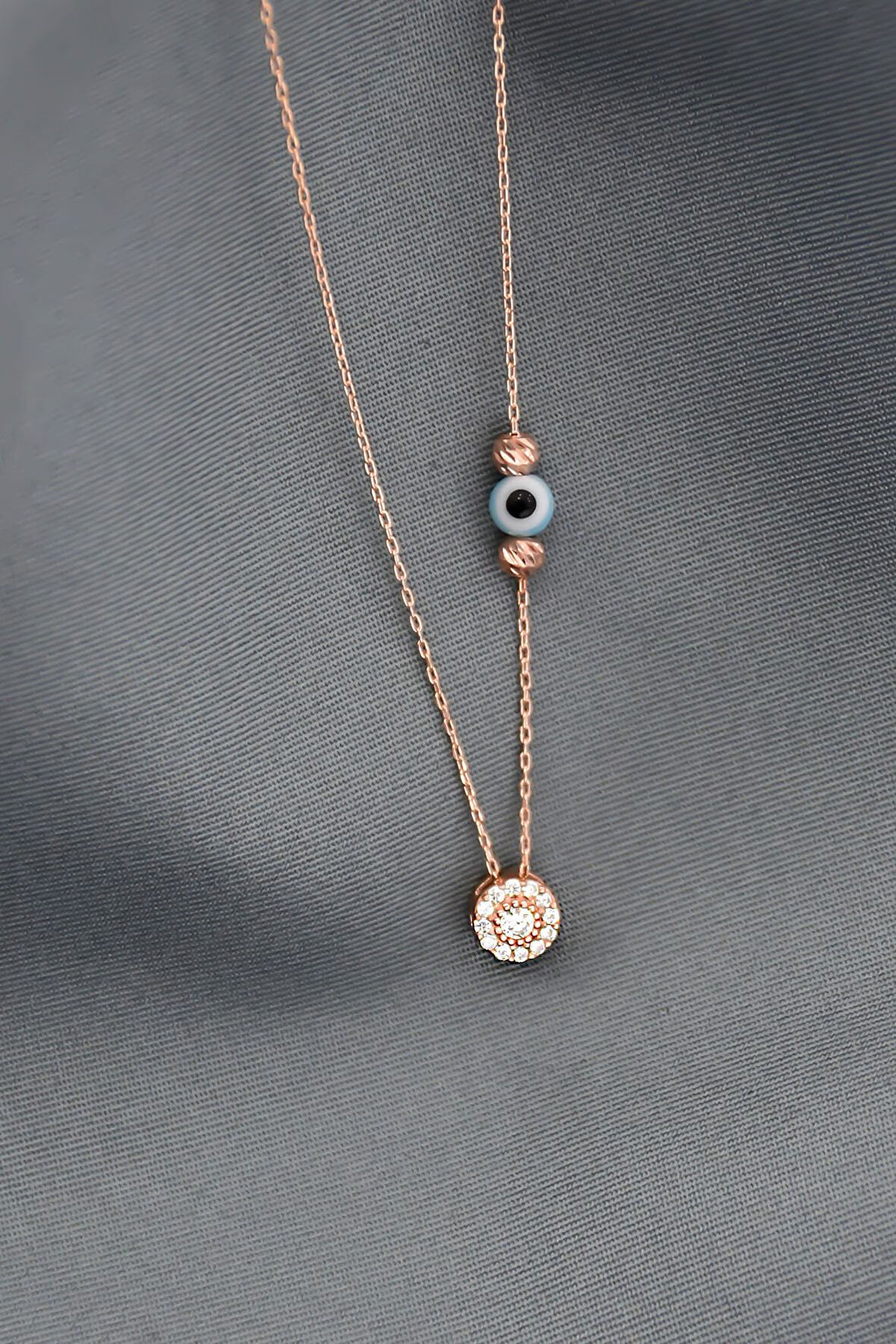 925 Ayar Gümüş Rose Kaplama Nazar Gözlü Dorika Toplu Tektaş Kolye