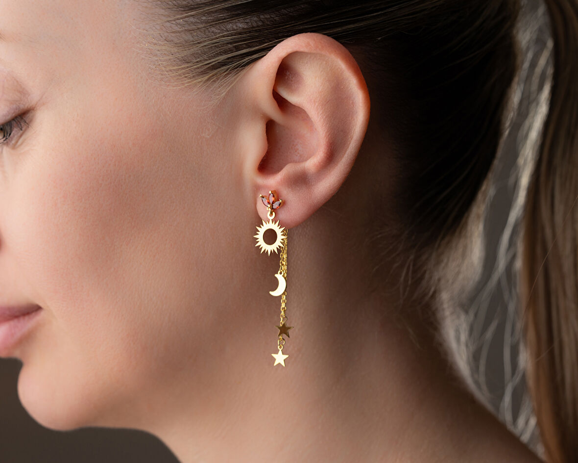 925 Ayar Güneş Ay Yıldız Sallantılı Doğum Taşlı Küpe 