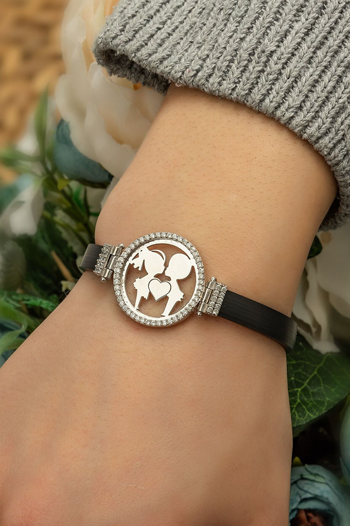 Kadın Deri Kordonlu Zirkon Bileklik 925 Ayar Gümüş