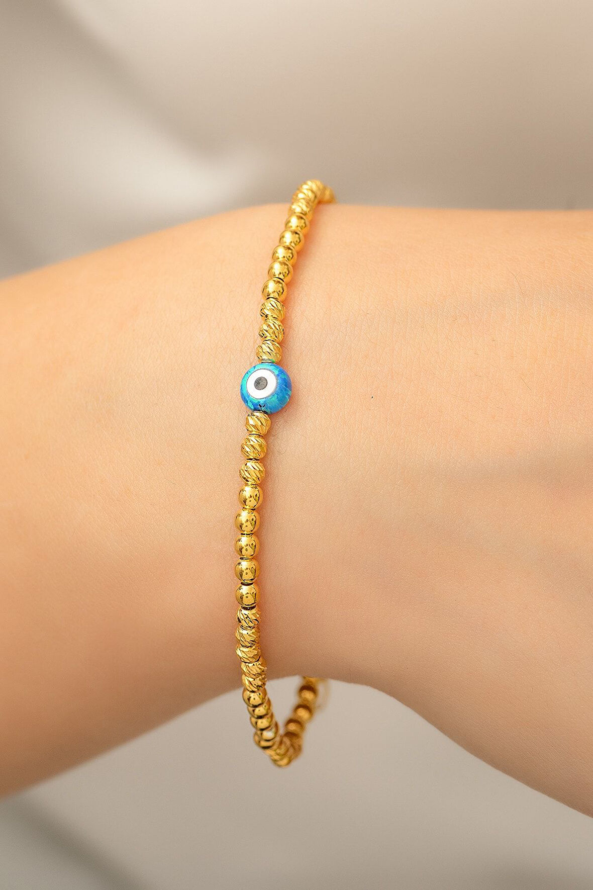 Nazar Gözü Toplu Dorica Toplu Fantezi Bileklik 14 Ayar Altın Kaplama 925 Ayar Gümüş - Uvps200075
