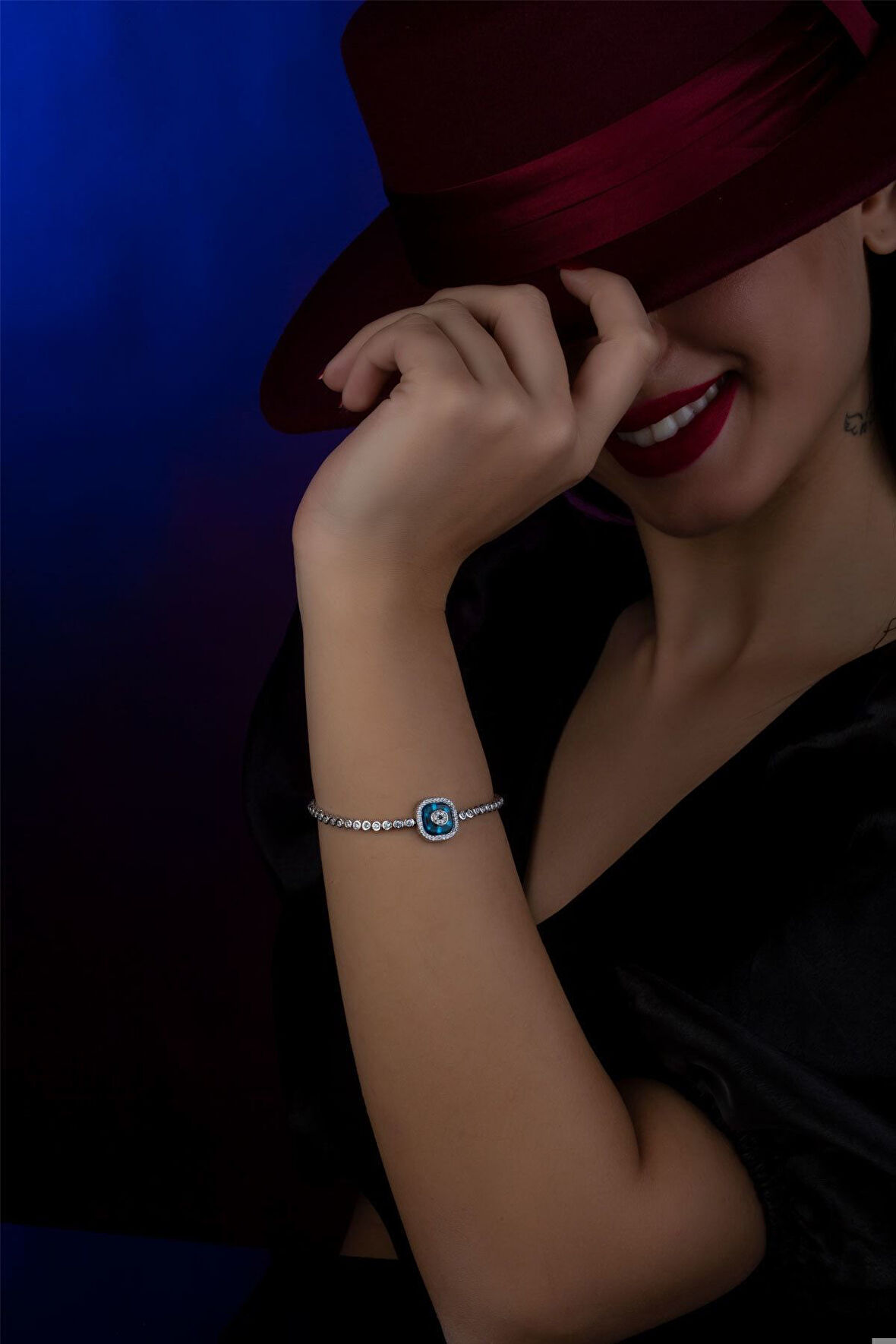 925 Ayar Gümüş Kare Mavi Gözlü Nazar Asansör Bileklik