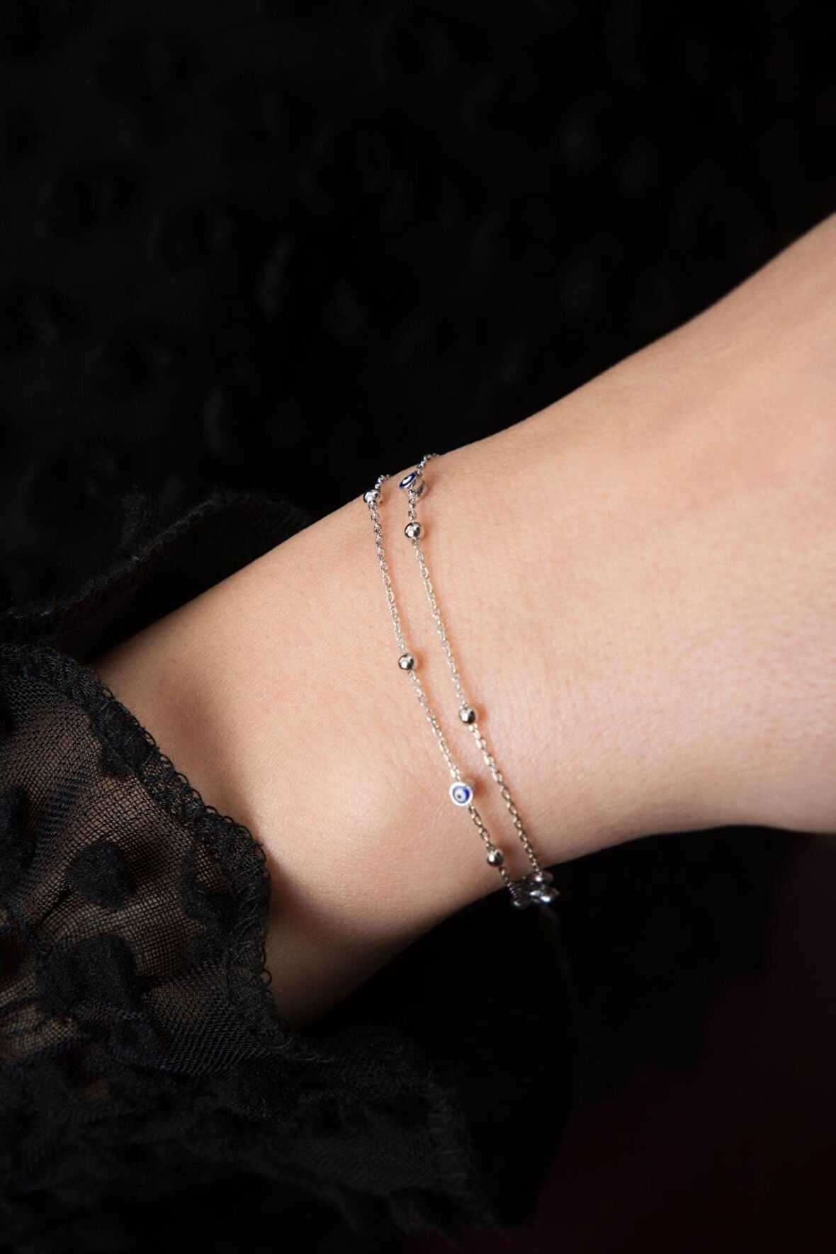 925 Ayar Çift Zincirli Nazar Göz Gümüş Bileklik