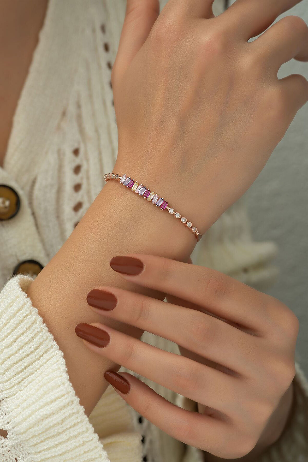 925 Ayar Rose Kaplama Renkli Baget Taşlı Gümüş Bileklik