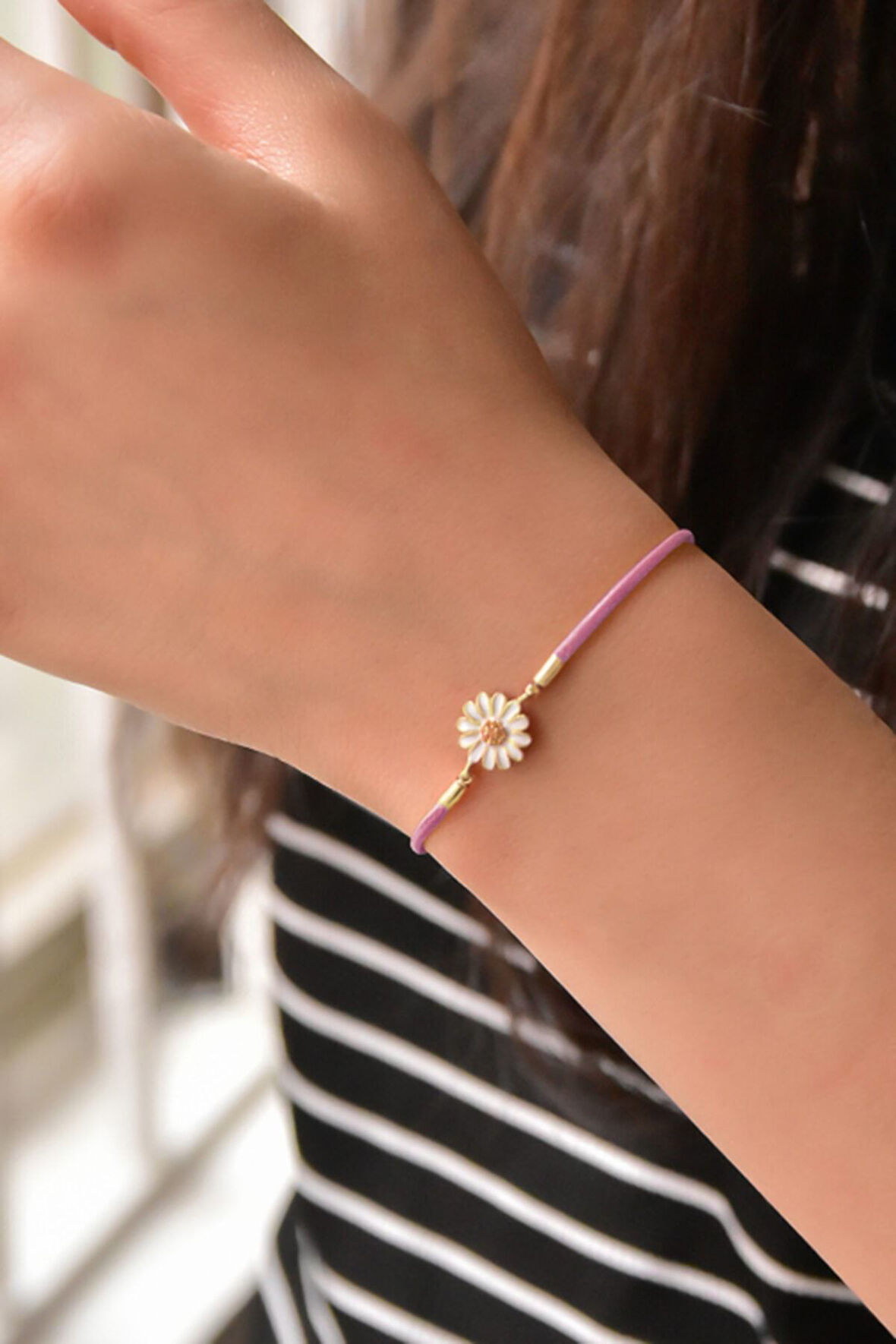 925 Ayar Gümüş Altın Kaplama Pembe Ipli Asansörlü Papatya Bileklik