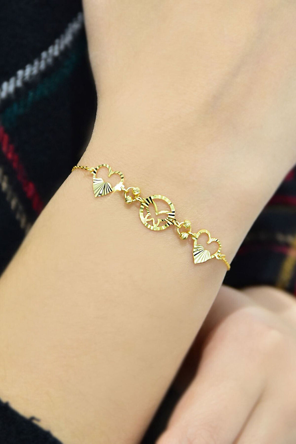 925 Ayar Gümüş Gold Kaplama Çift Kalp Kristal Kesim Bileklik