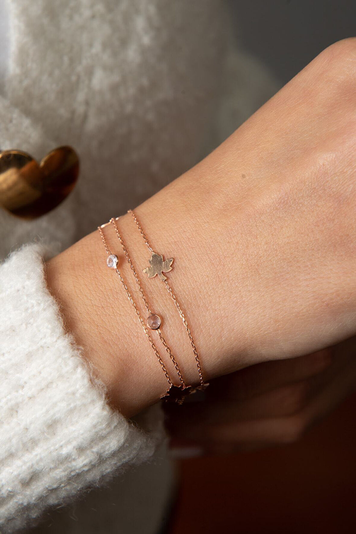 Kadın Yaprak Detaylı Zirkon Taş Model Rose Kaplama 925 Ayar Gümüş Bileklik