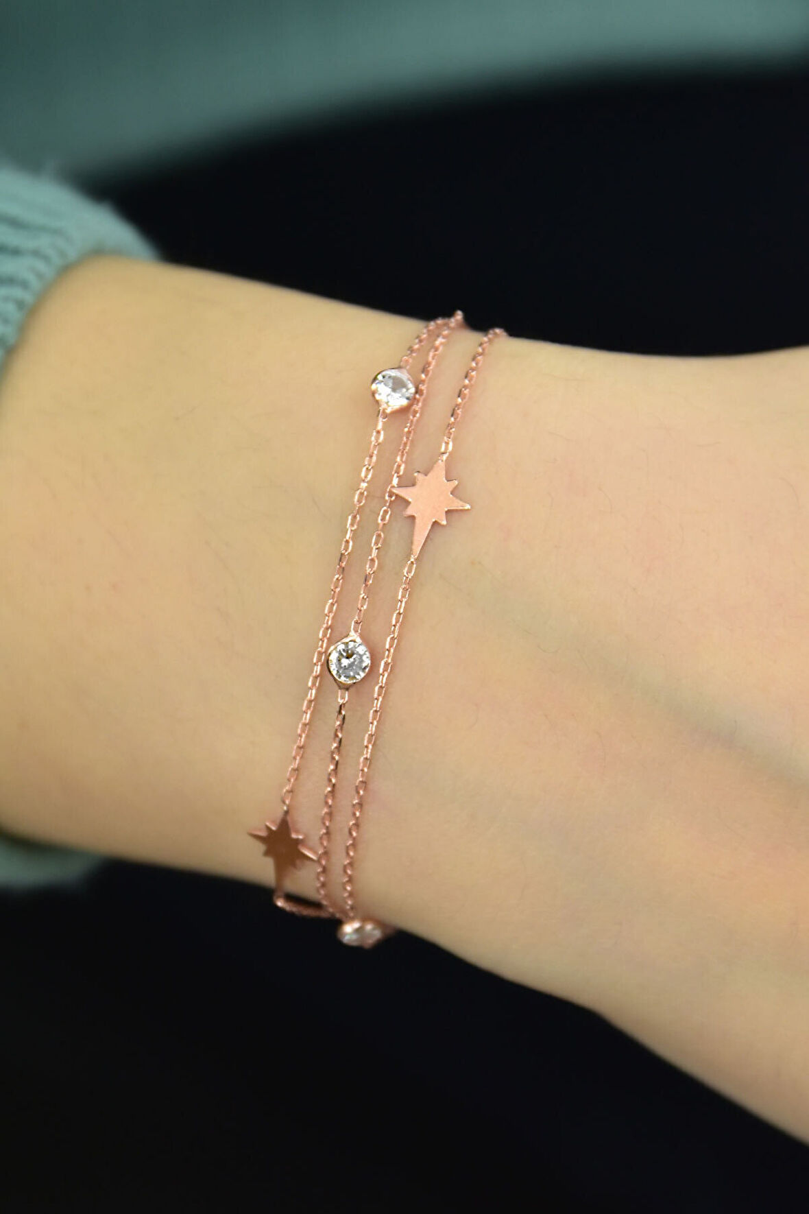 925 Ayar Gümüş Rose Kaplama Üç Zincirli Kutup Yıldızı Bileklik