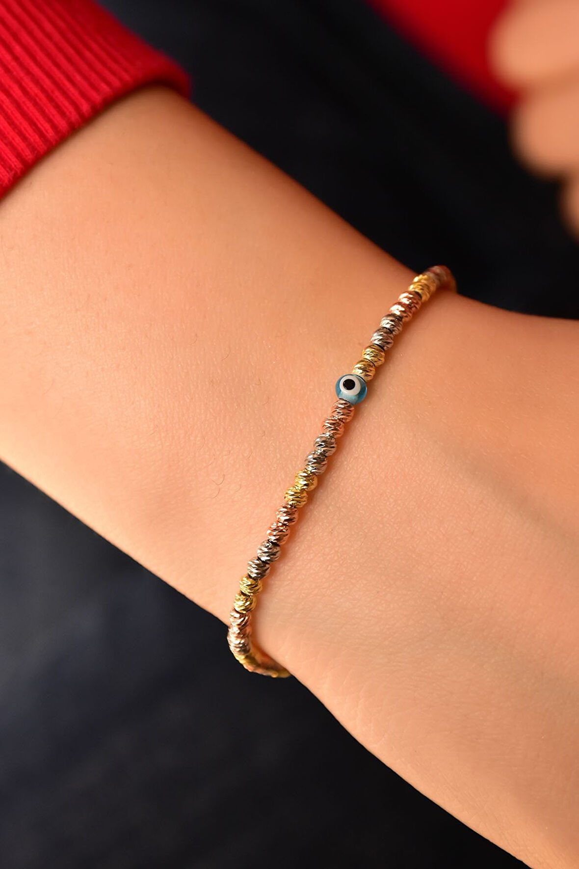 925 Ayar Gümüş Ikişer Sıra Üç Renk Kaplama Dorika Toplu Gözlü Kadın Bileklik