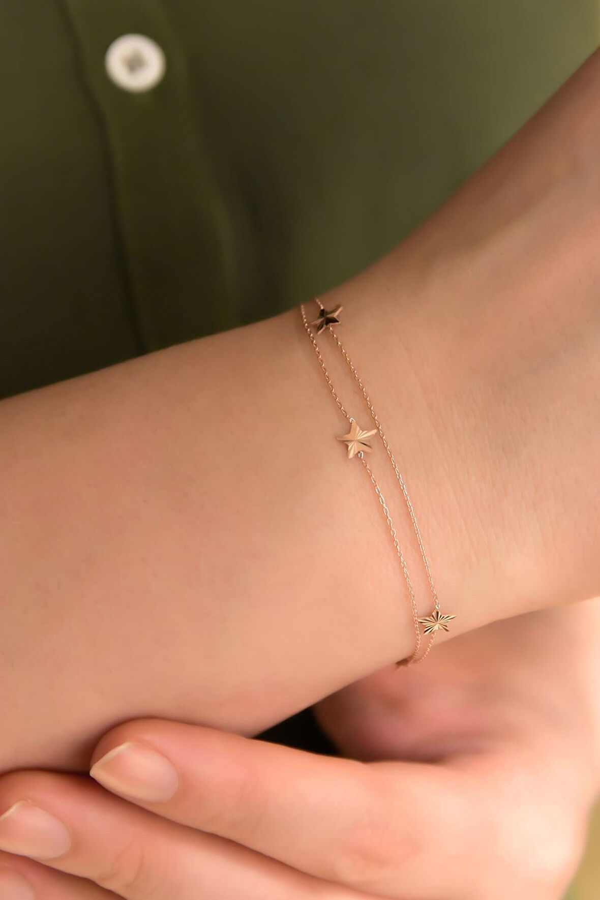 925 Ayar Gümüş Rose Kaplama Üç Yıldız Kristal Kesim Iki Zincir Bileklik