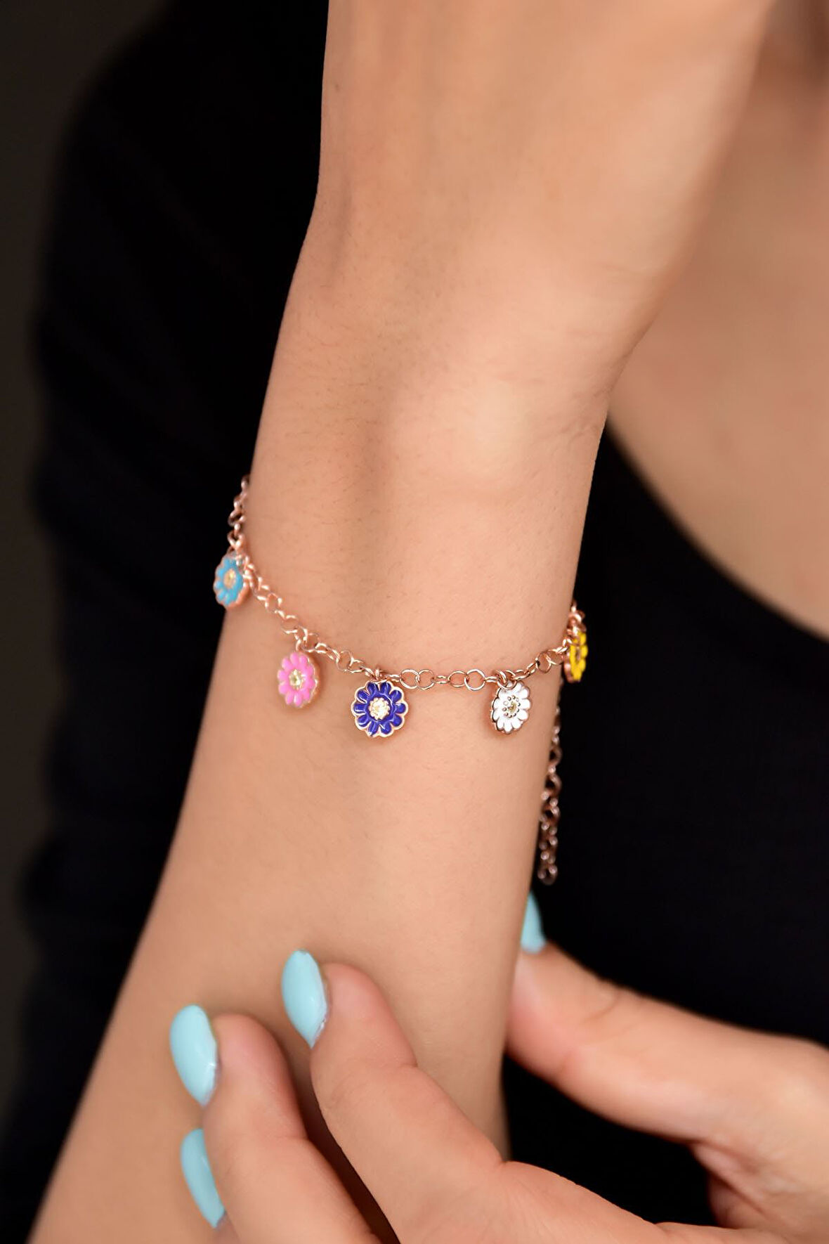 Gümüş Rose Kaplama Renkli Mineli Papatya Bileklik 925 Ayar