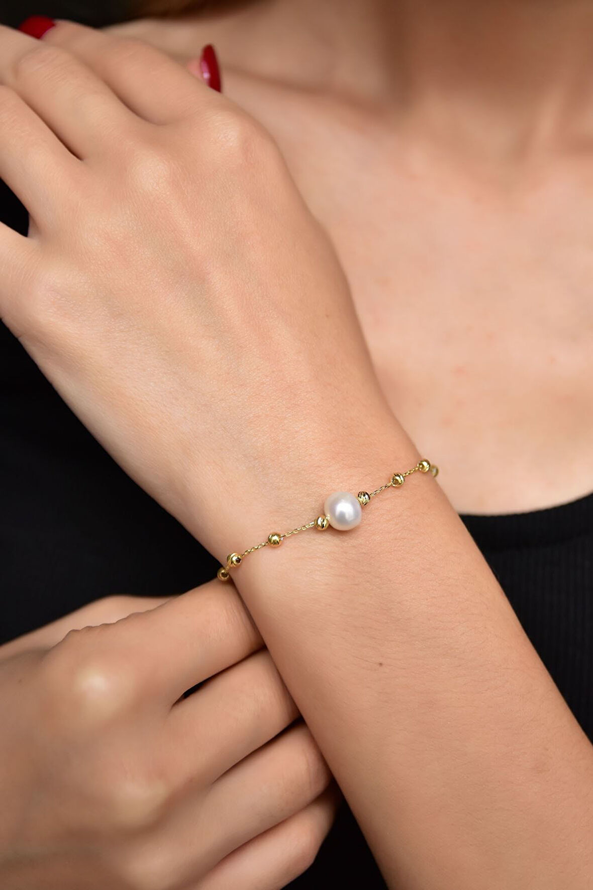 925 Ayar Gümüş Altın Kaplama Dorika Toplu Incili Bileklik