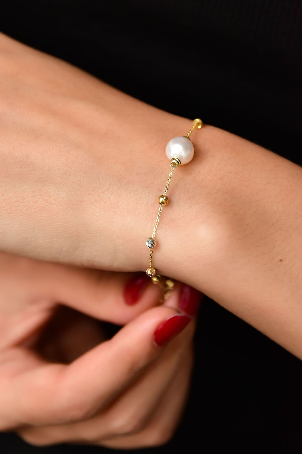 925 Ayar Gümüş Üç Renk Dorika Toplu Incili Kadın Bileklik